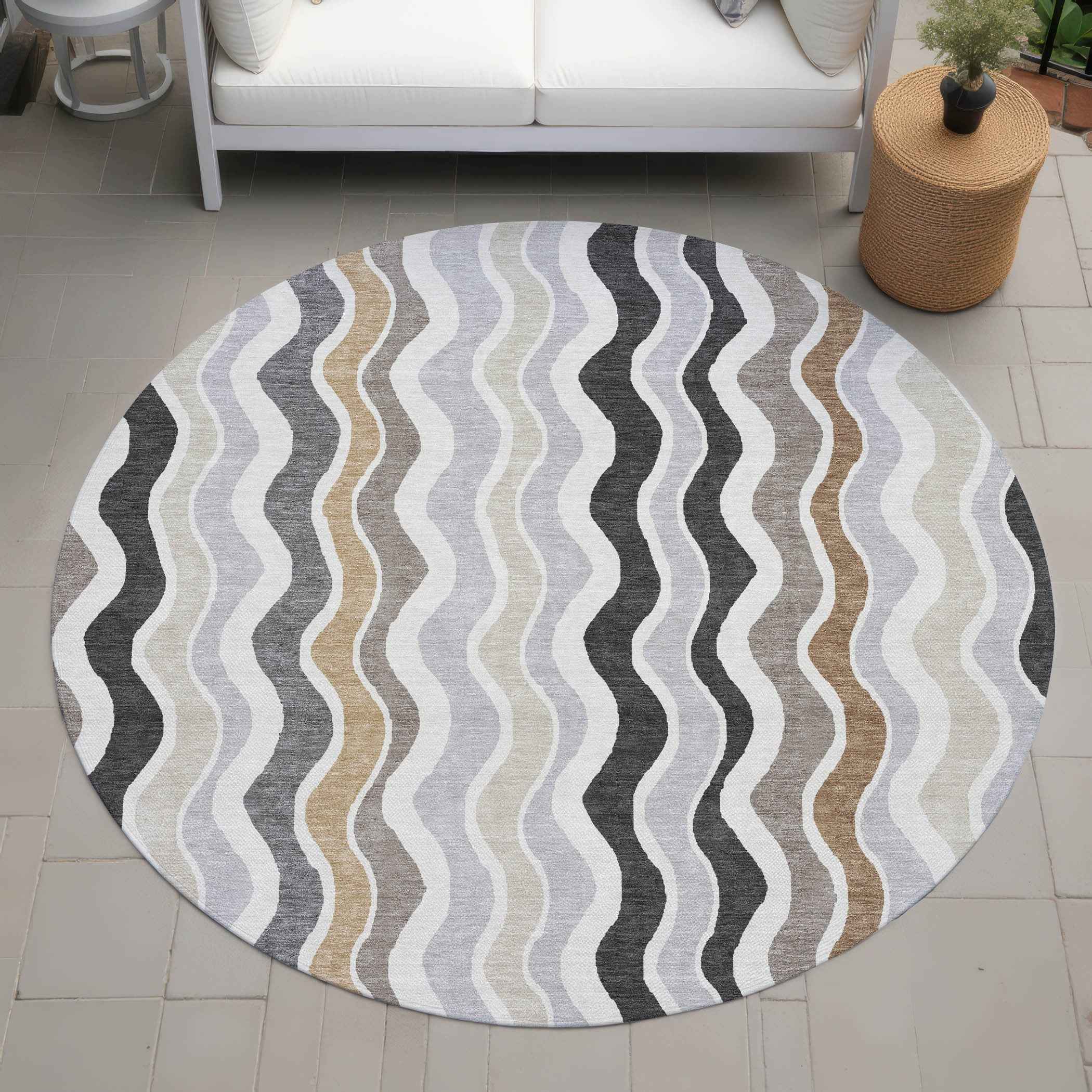 8' Charcoal Ivory And Gray Round Striped Washable Indoor Outdoor Area Rug