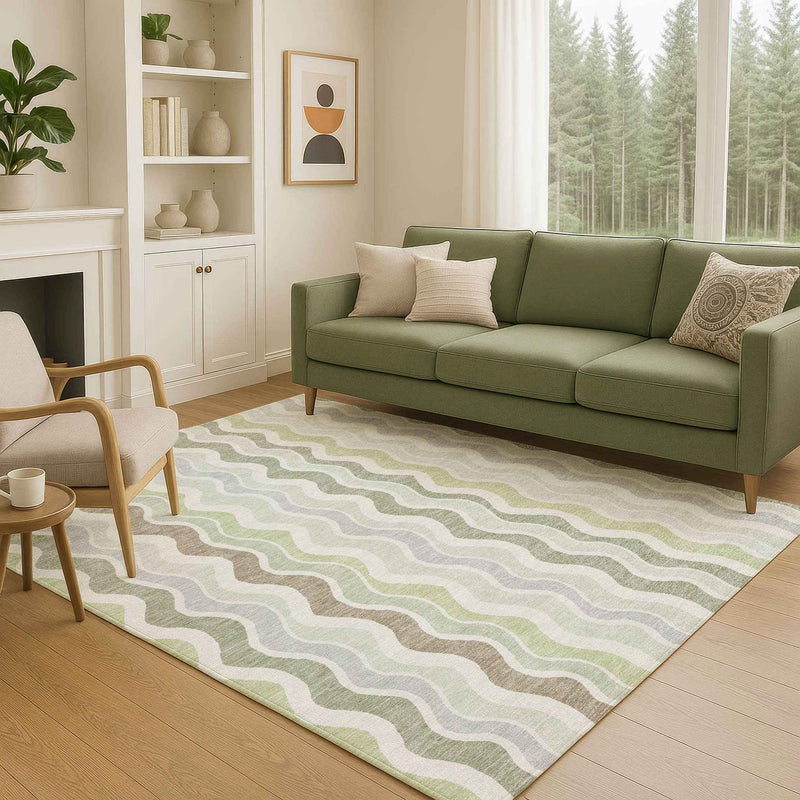8' X 10' Artichoke Green Ivory And Brown Striped Washable Indoor Outdoor Area Rug