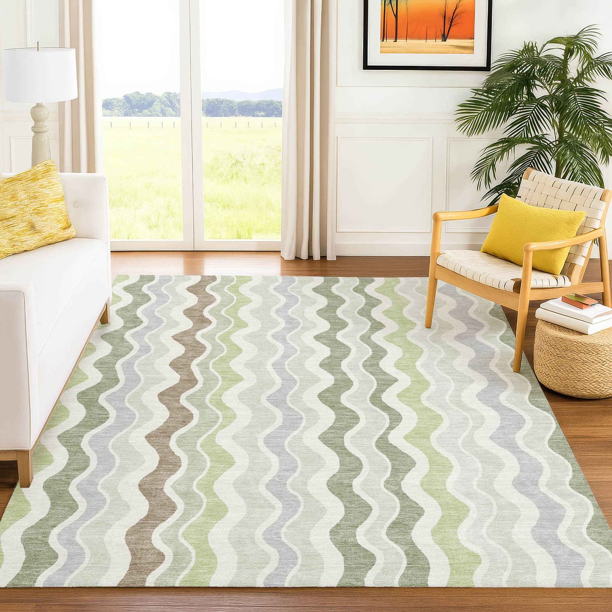 8' X 10' Artichoke Green Ivory And Brown Striped Washable Indoor Outdoor Area Rug