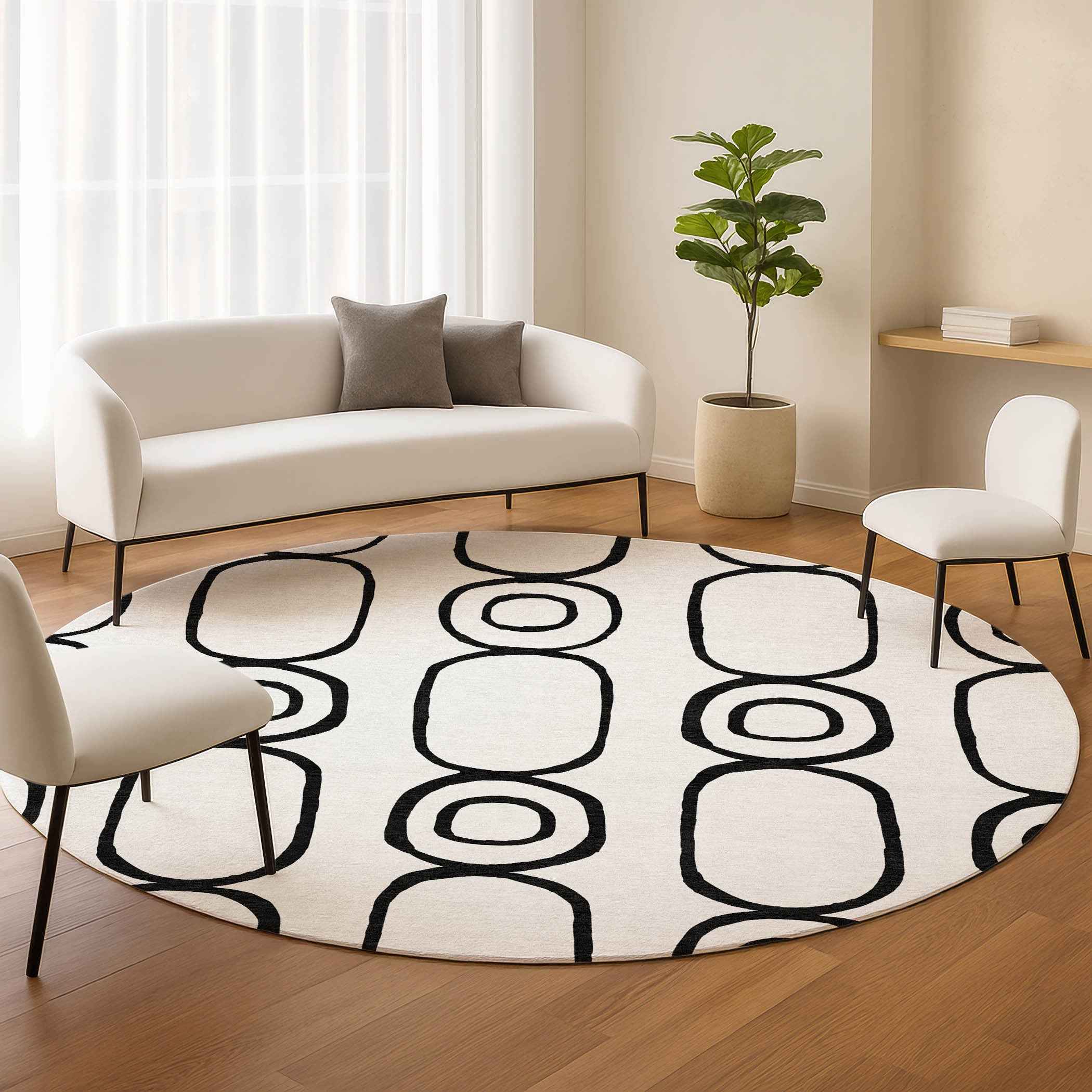 8' White And Black Round Geometric Washable Indoor Outdoor Area Rug