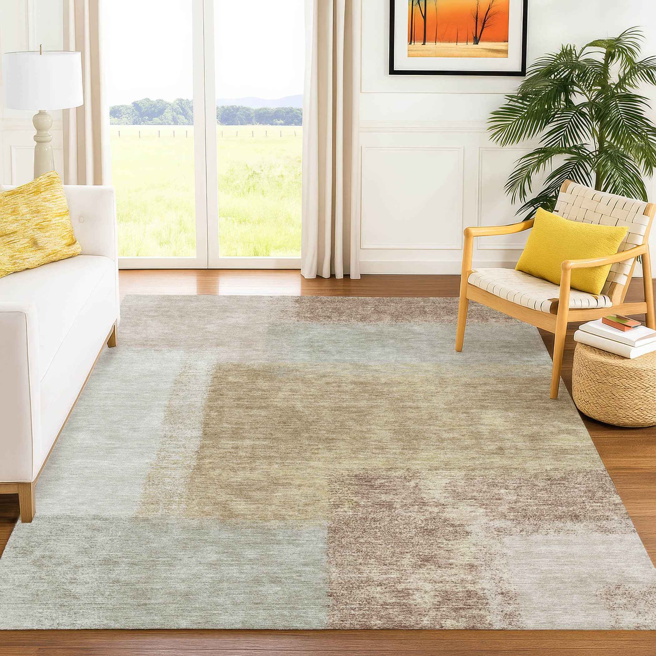 8' X 10' Gold Ivory And Gray Abstract Washable Indoor Outdoor Area Rug