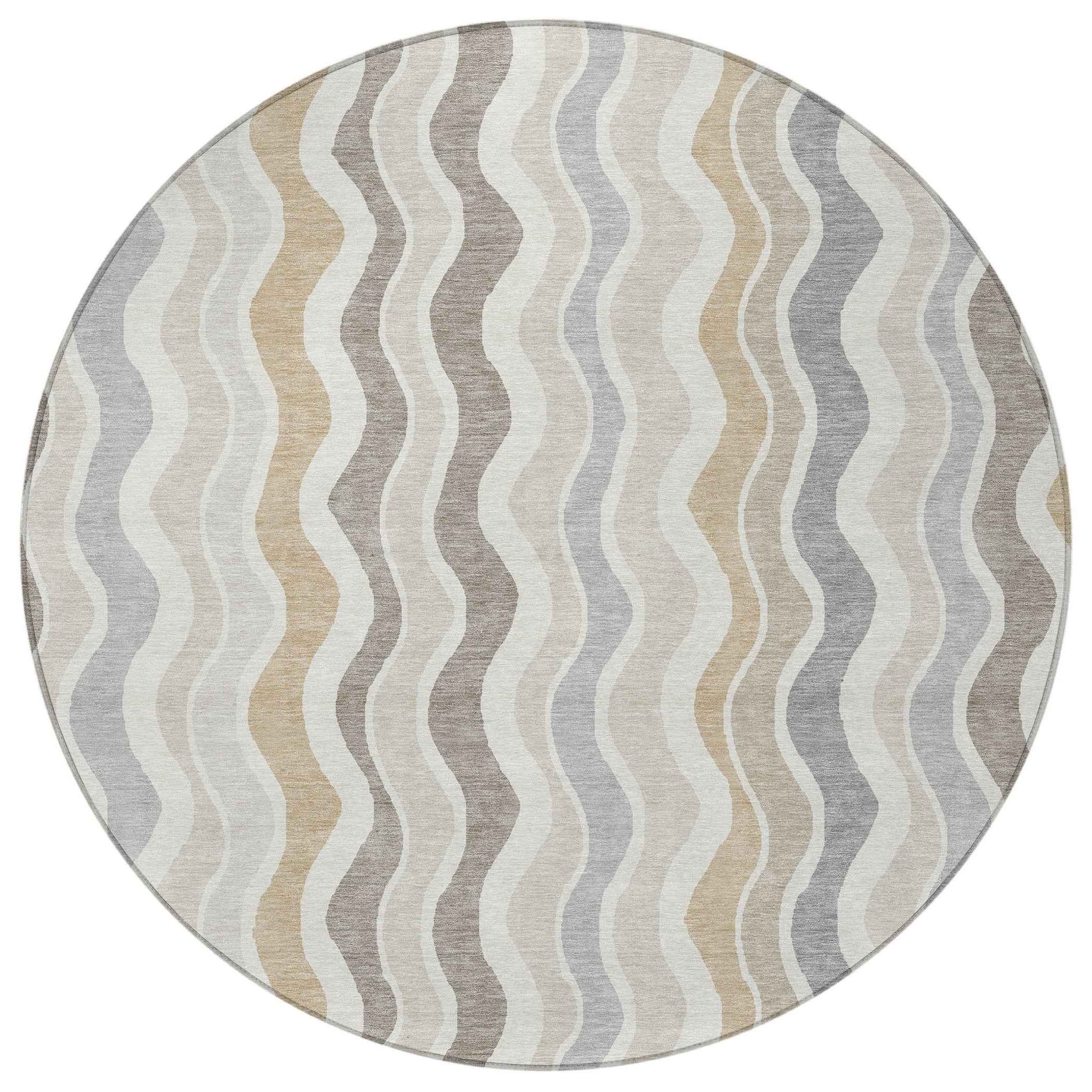 8' Ivory Khaki And Beige Round Striped Washable Indoor Outdoor Area Rug