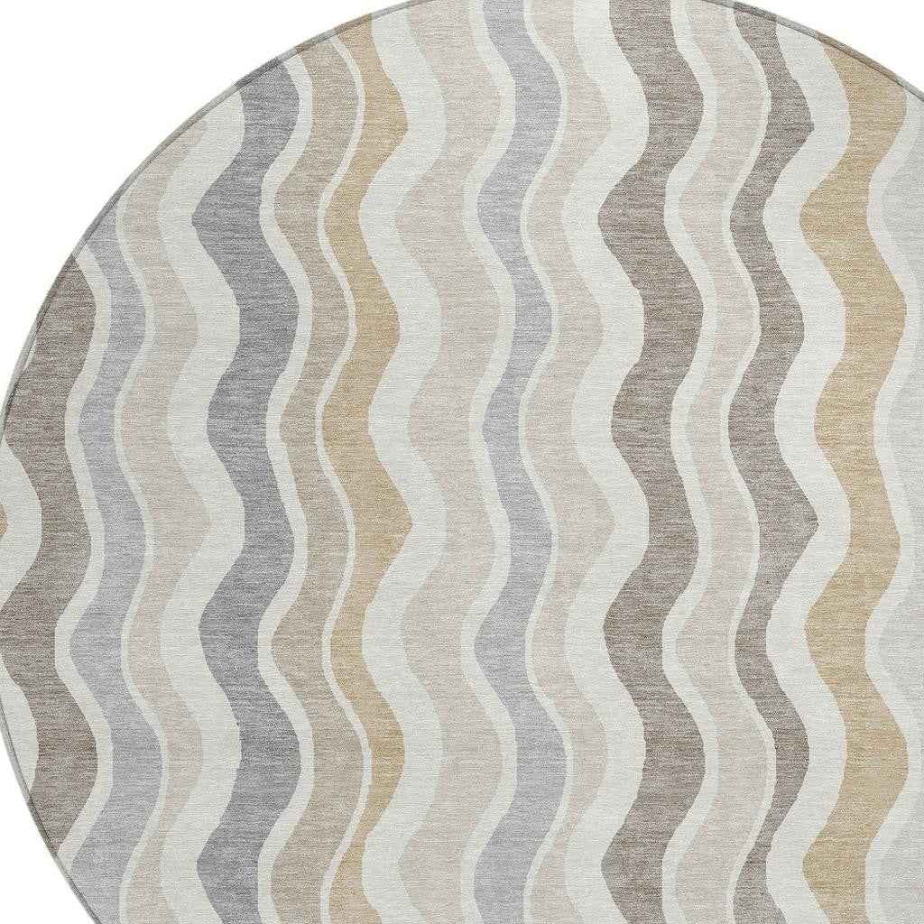 8' Ivory Khaki And Beige Round Striped Washable Indoor Outdoor Area Rug