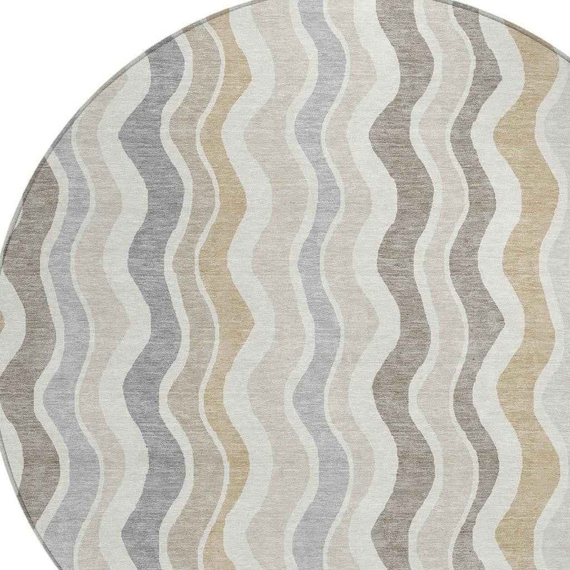 8' Ivory Khaki And Beige Round Striped Washable Indoor Outdoor Area Rug