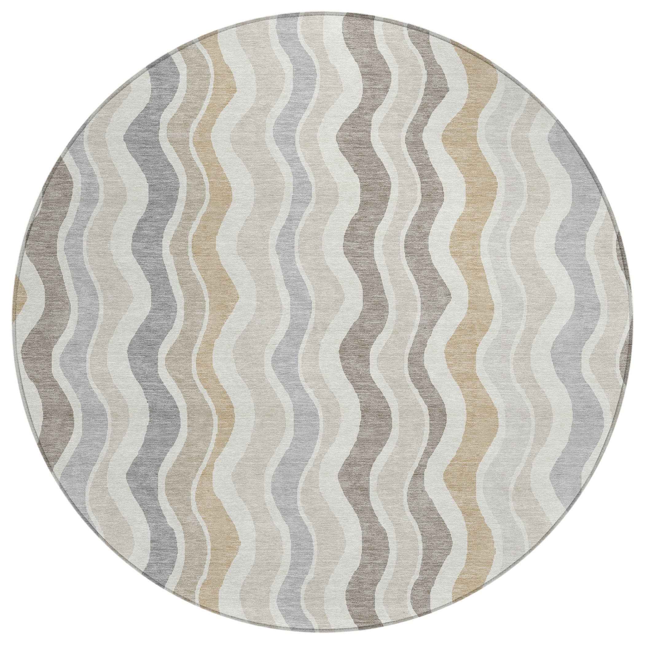 8' Ivory Khaki And Beige Round Striped Washable Indoor Outdoor Area Rug