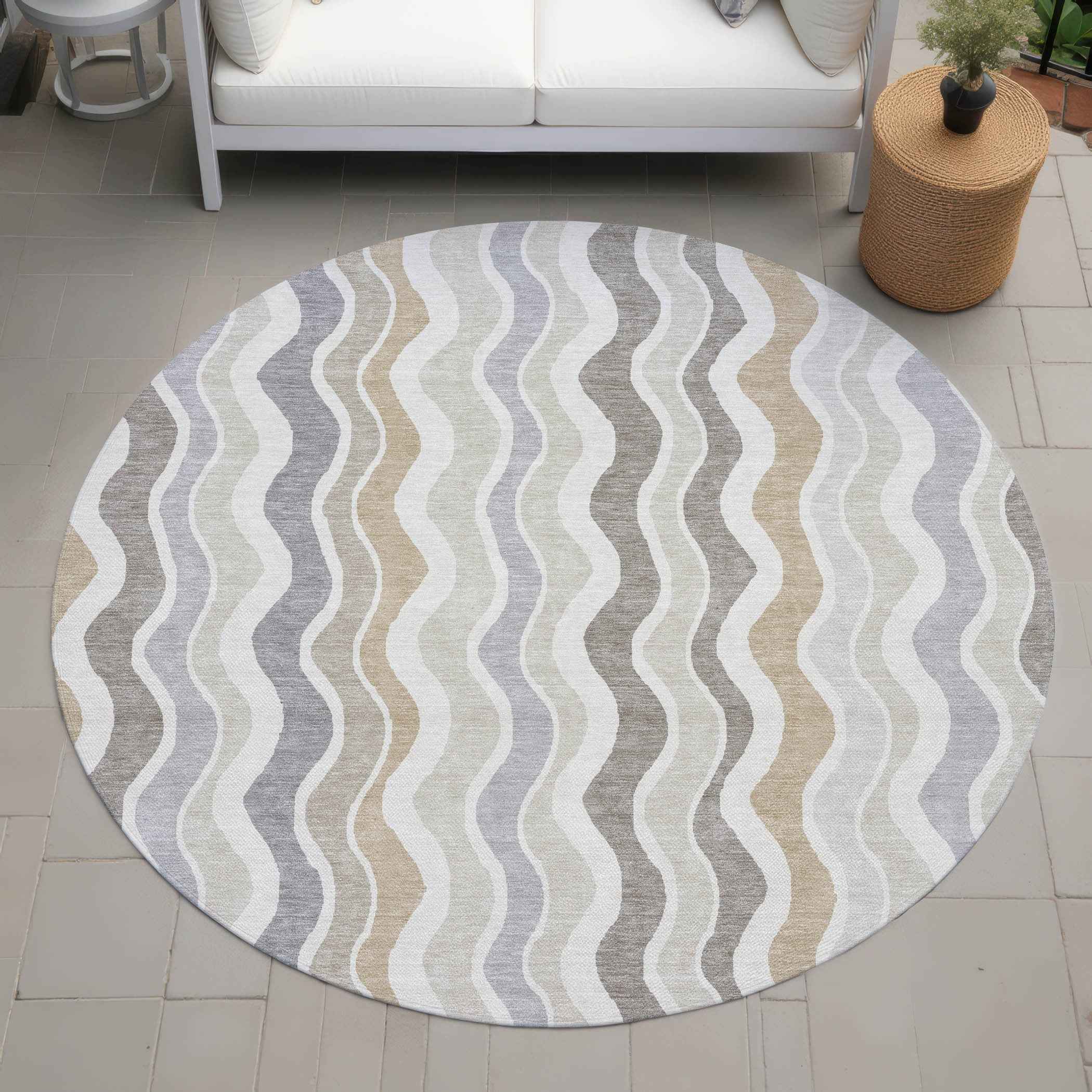 8' Ivory Khaki And Beige Round Striped Washable Indoor Outdoor Area Rug