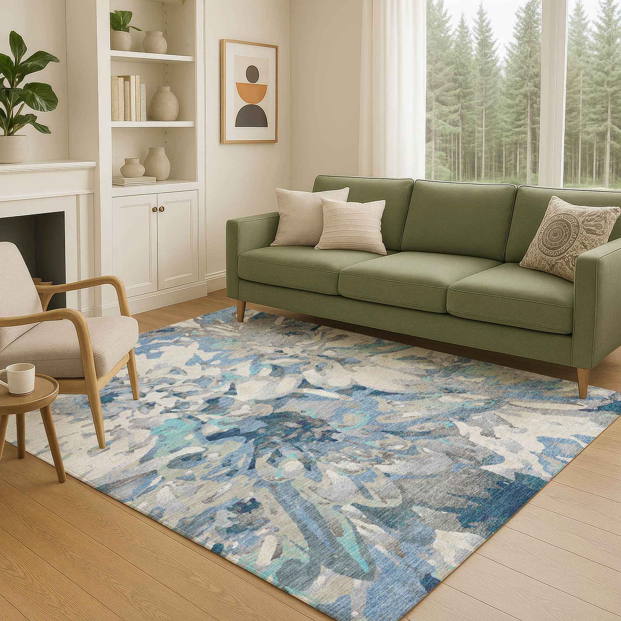 3' X 5' Denim Blue Gray And Ivory Floral Washable Indoor Outdoor Area Rug