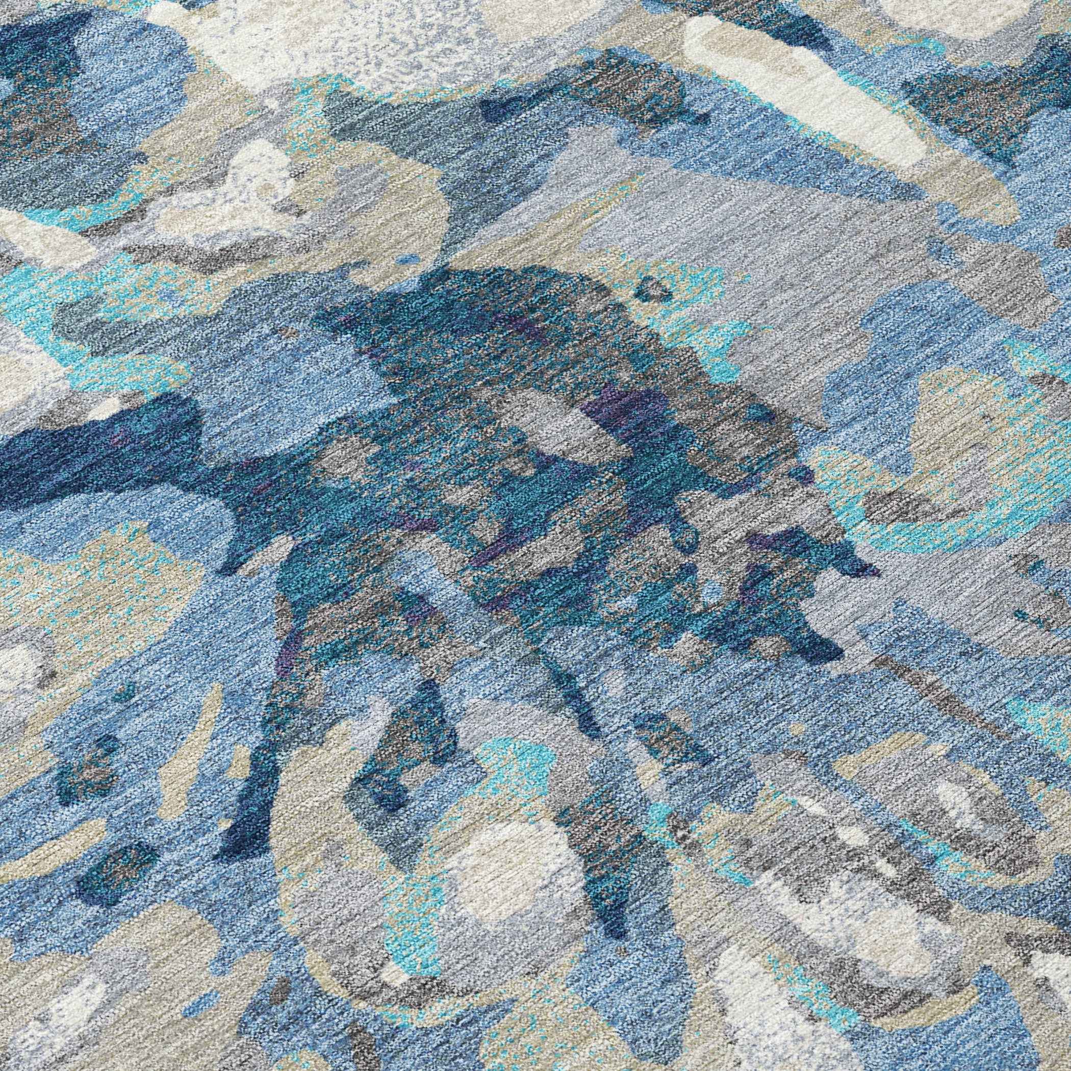 3' X 5' Denim Blue Gray And Ivory Floral Washable Indoor Outdoor Area Rug