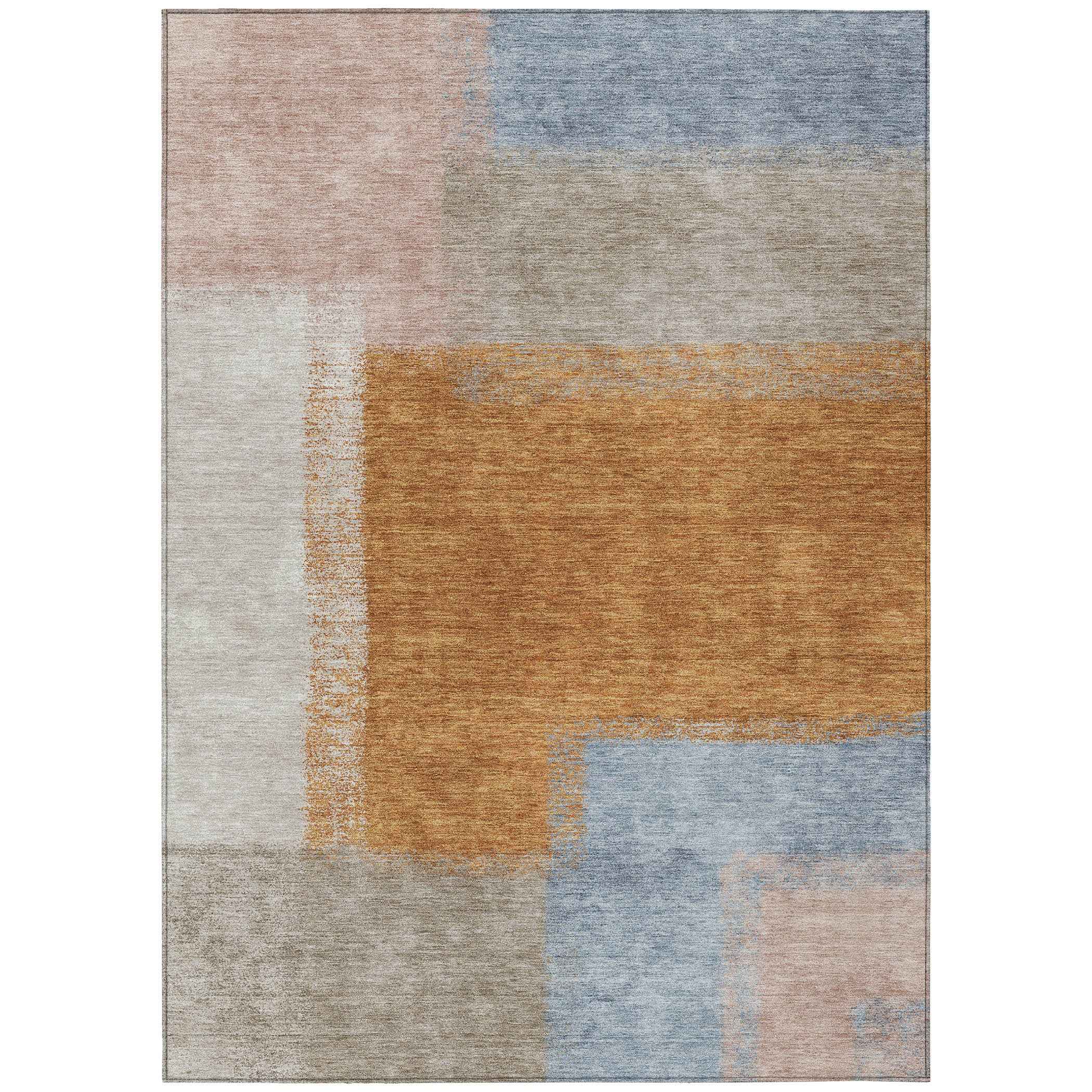 3' X 5' Rust Ivory And Blue Abstract Washable Indoor Outdoor Area Rug