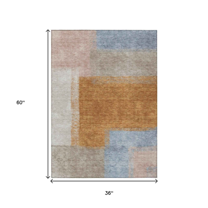 3' X 5' Rust Ivory And Blue Abstract Washable Indoor Outdoor Area Rug