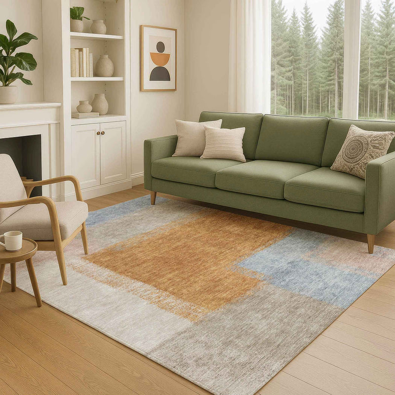 3' X 5' Rust Ivory And Blue Abstract Washable Indoor Outdoor Area Rug