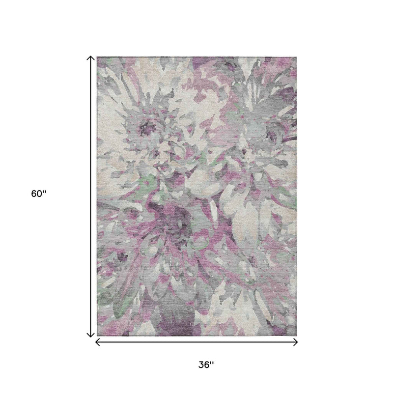 3' X 5' Blush Ivory And Gray Floral Washable Indoor Outdoor Area Rug