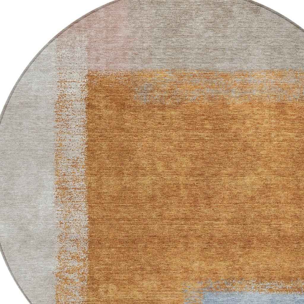 8' Rust Ivory And Blue Round Abstract Washable Indoor Outdoor Area Rug