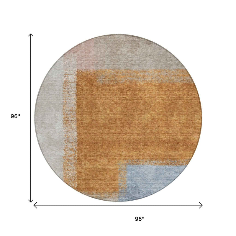 8' Rust Ivory And Blue Round Abstract Washable Indoor Outdoor Area Rug
