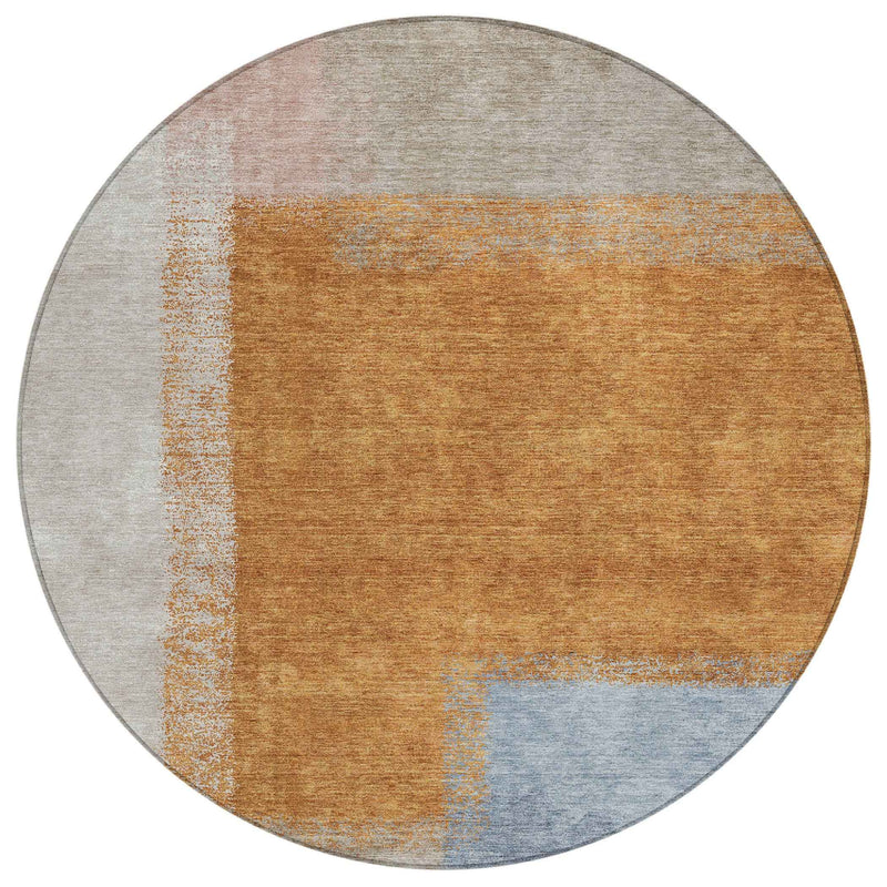 8' Rust Ivory And Blue Round Abstract Washable Indoor Outdoor Area Rug