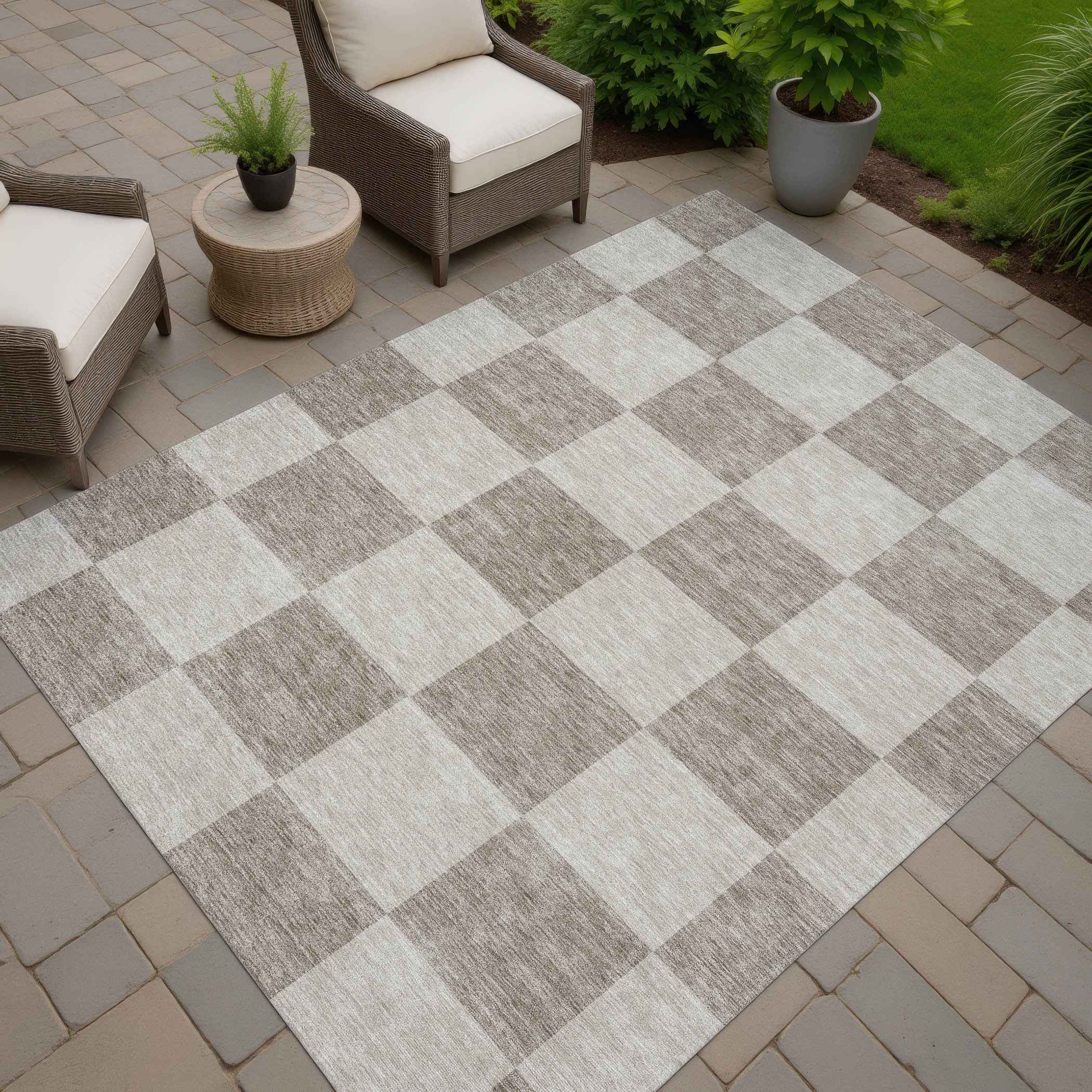 3' X 5' Khaki And Taupe Geometric Washable Indoor Outdoor Area Rug