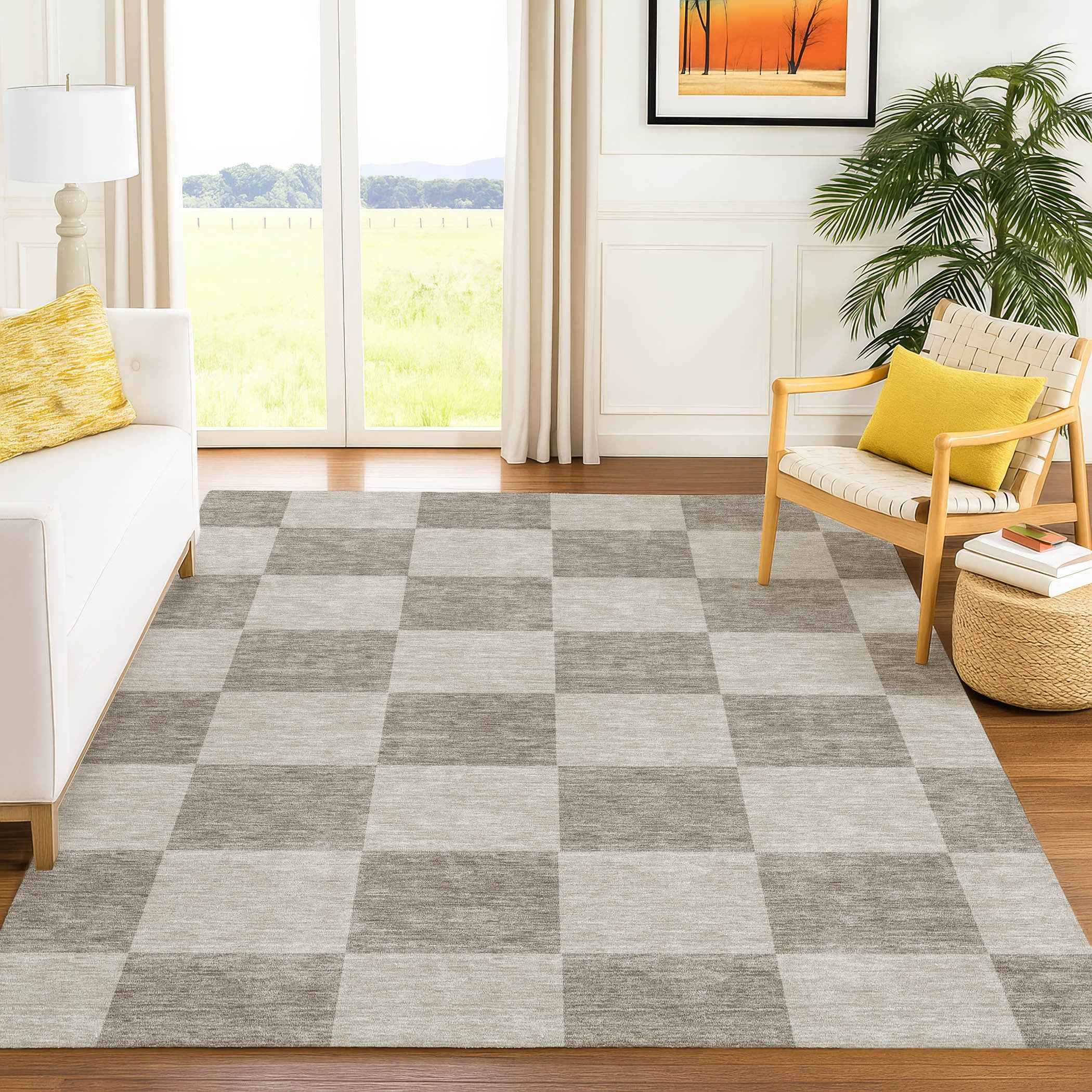 3' X 5' Khaki And Taupe Geometric Washable Indoor Outdoor Area Rug