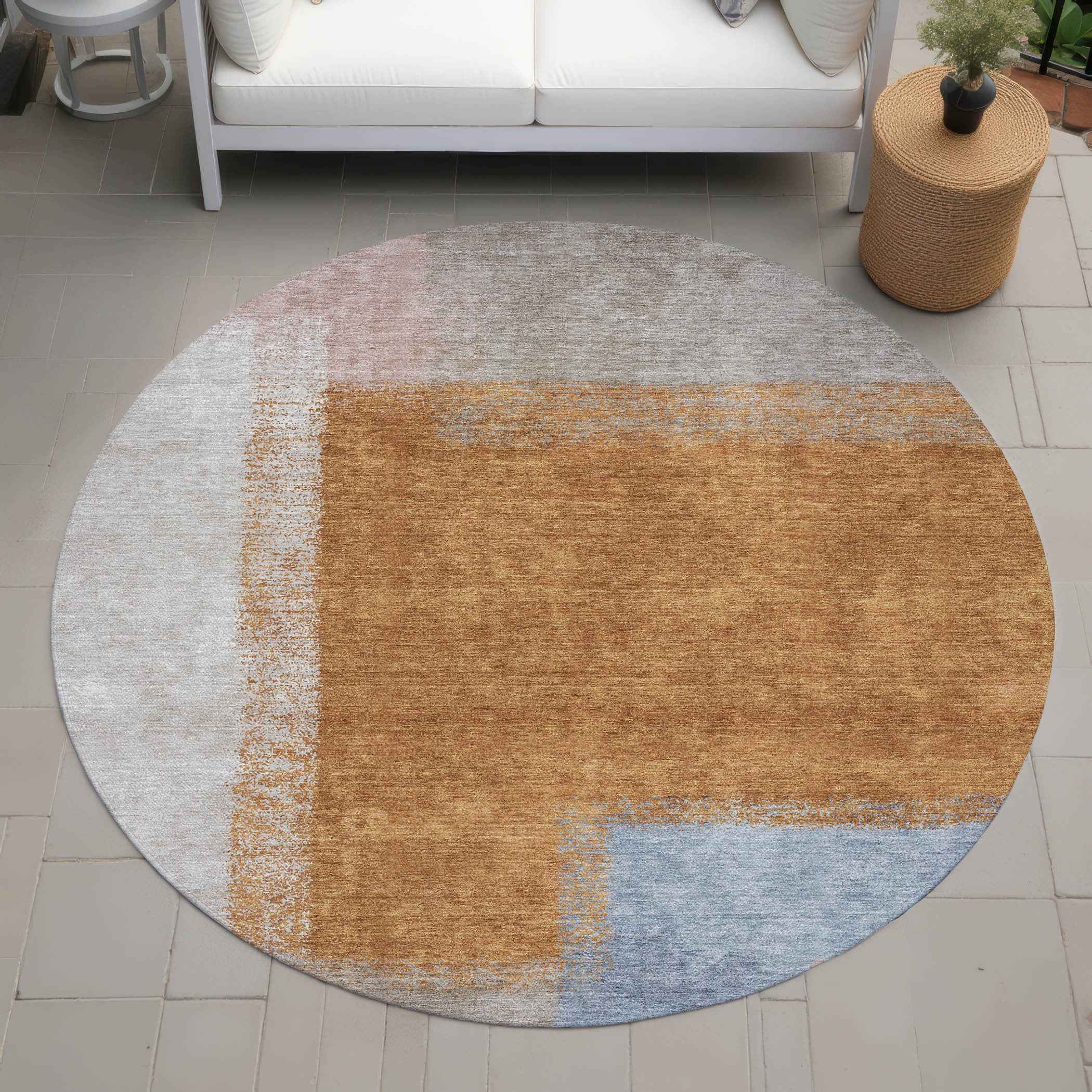 8' Rust Ivory And Blue Round Abstract Washable Indoor Outdoor Area Rug