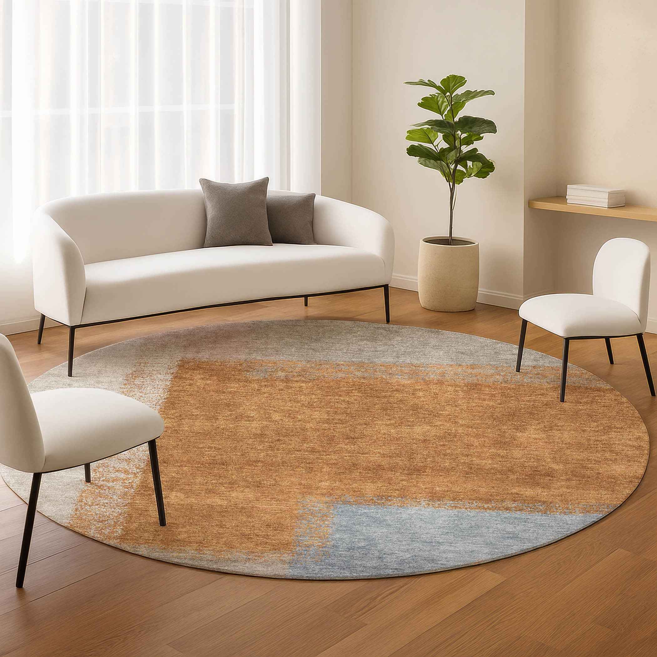 8' Rust Ivory And Blue Round Abstract Washable Indoor Outdoor Area Rug