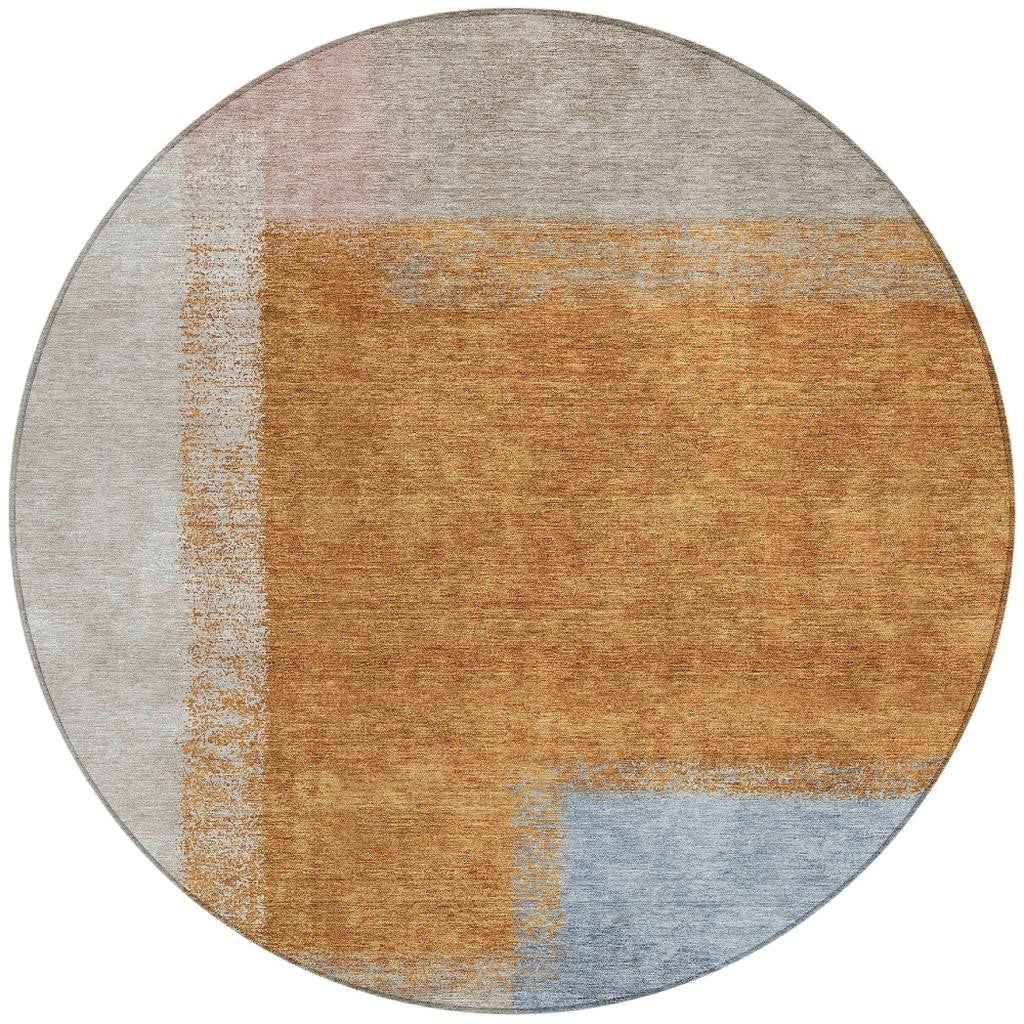 8' Rust Ivory And Blue Round Abstract Washable Indoor Outdoor Area Rug