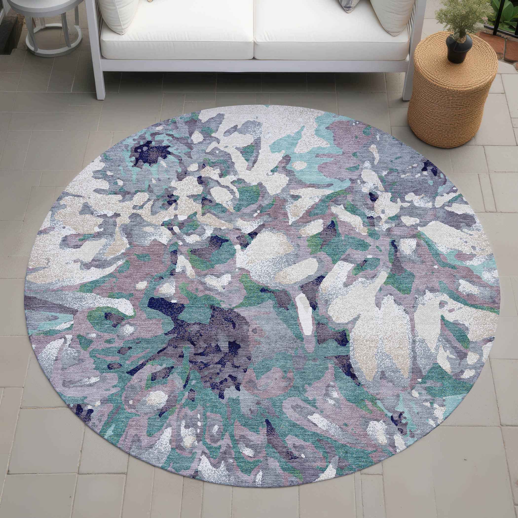 8' Lavender Gray And Ivory Round Floral Washable Indoor Outdoor Area Rug