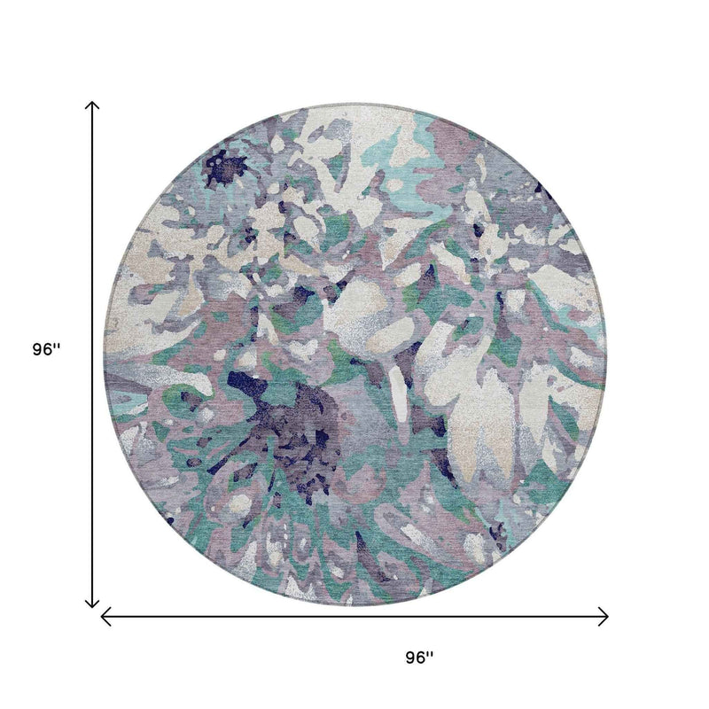 8' Lavender Gray And Ivory Round Floral Washable Indoor Outdoor Area Rug