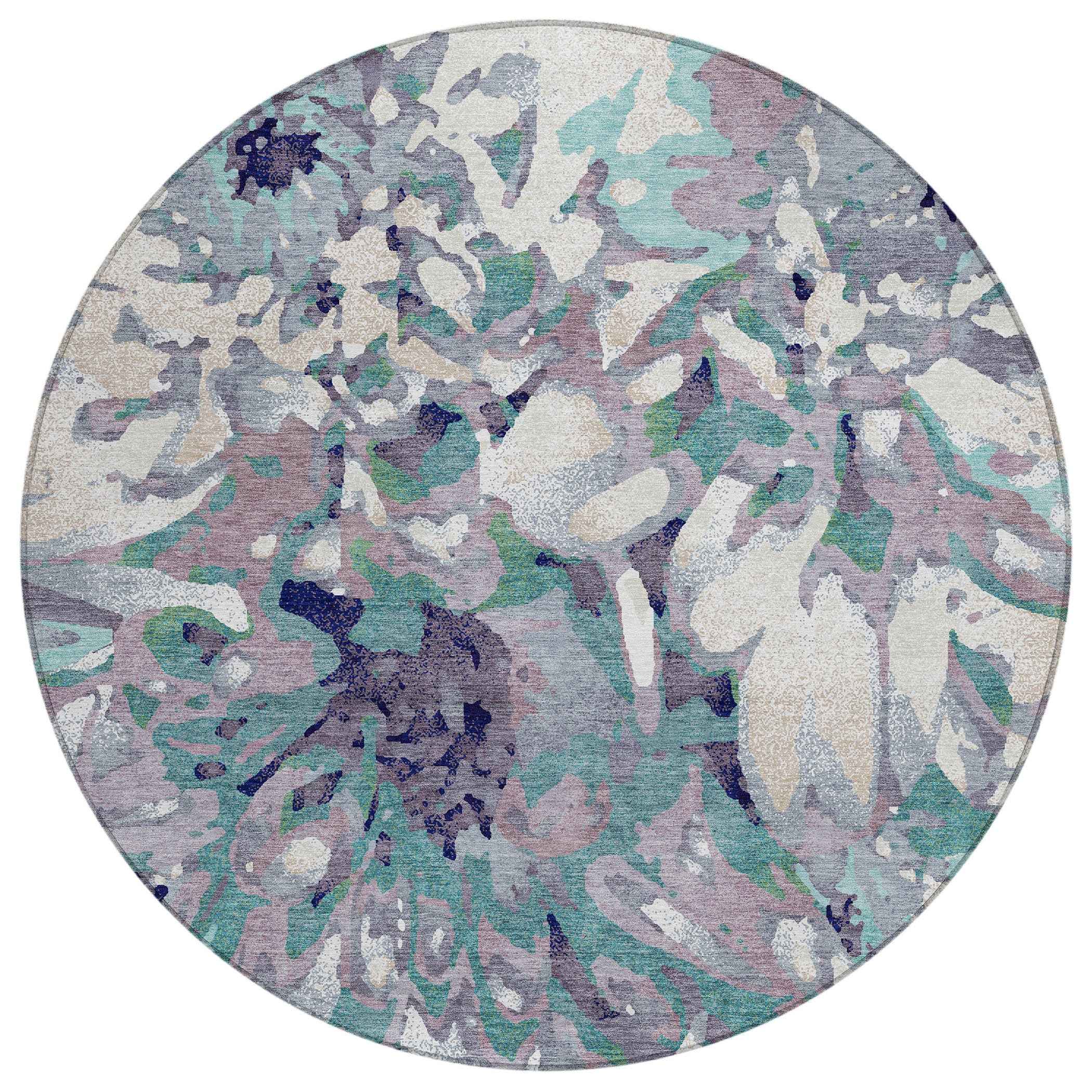 8' Lavender Gray And Ivory Round Floral Washable Indoor Outdoor Area Rug