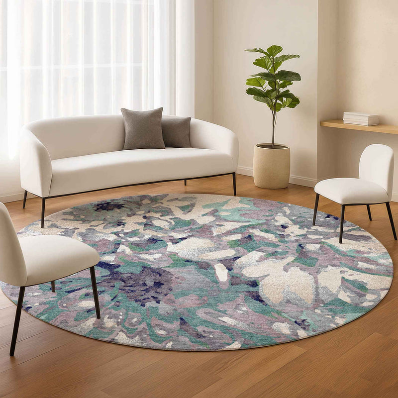 8' Lavender Gray And Ivory Round Floral Washable Indoor Outdoor Area Rug