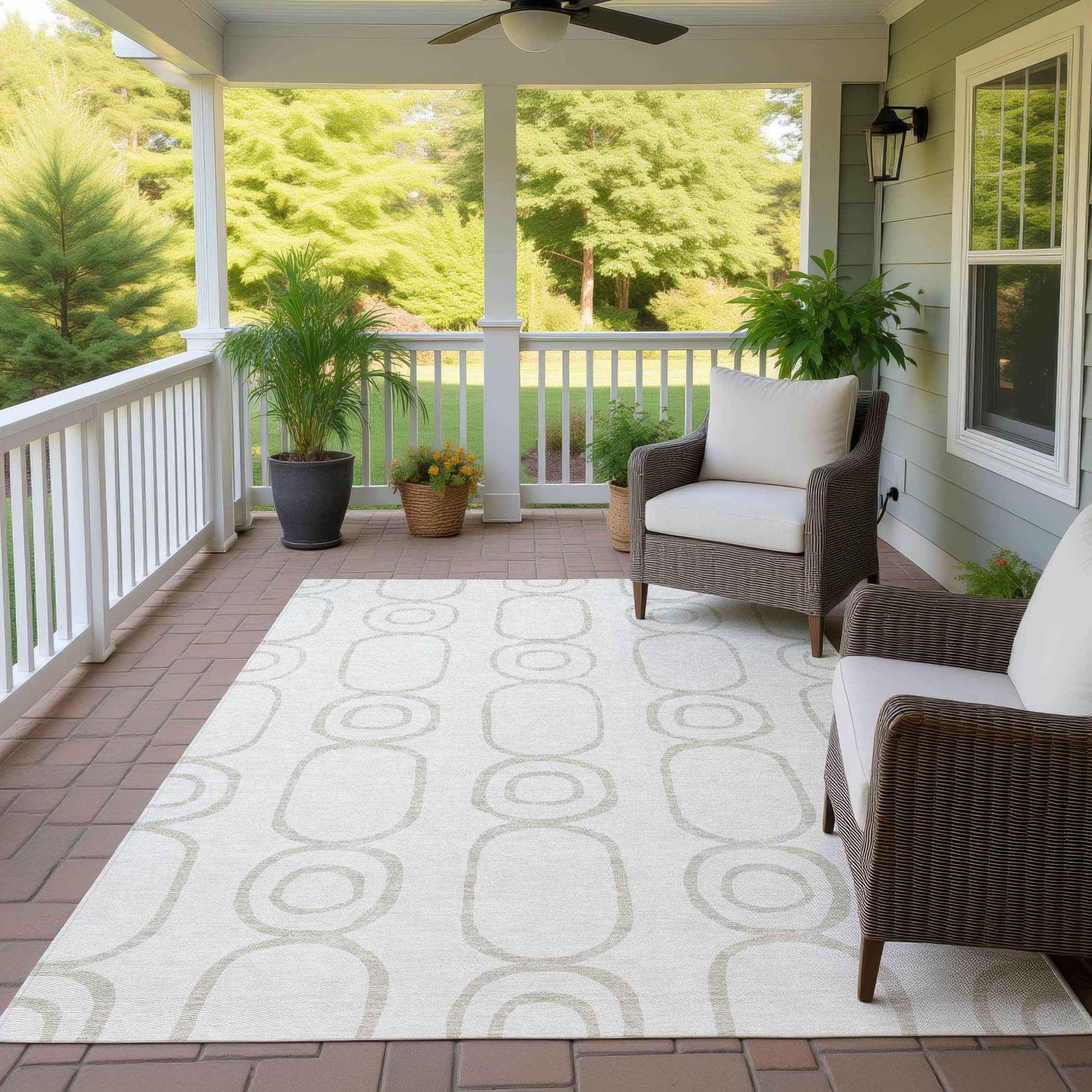 10' X 14' Ivory And Beige Geometric Washable Indoor Outdoor Area Rug