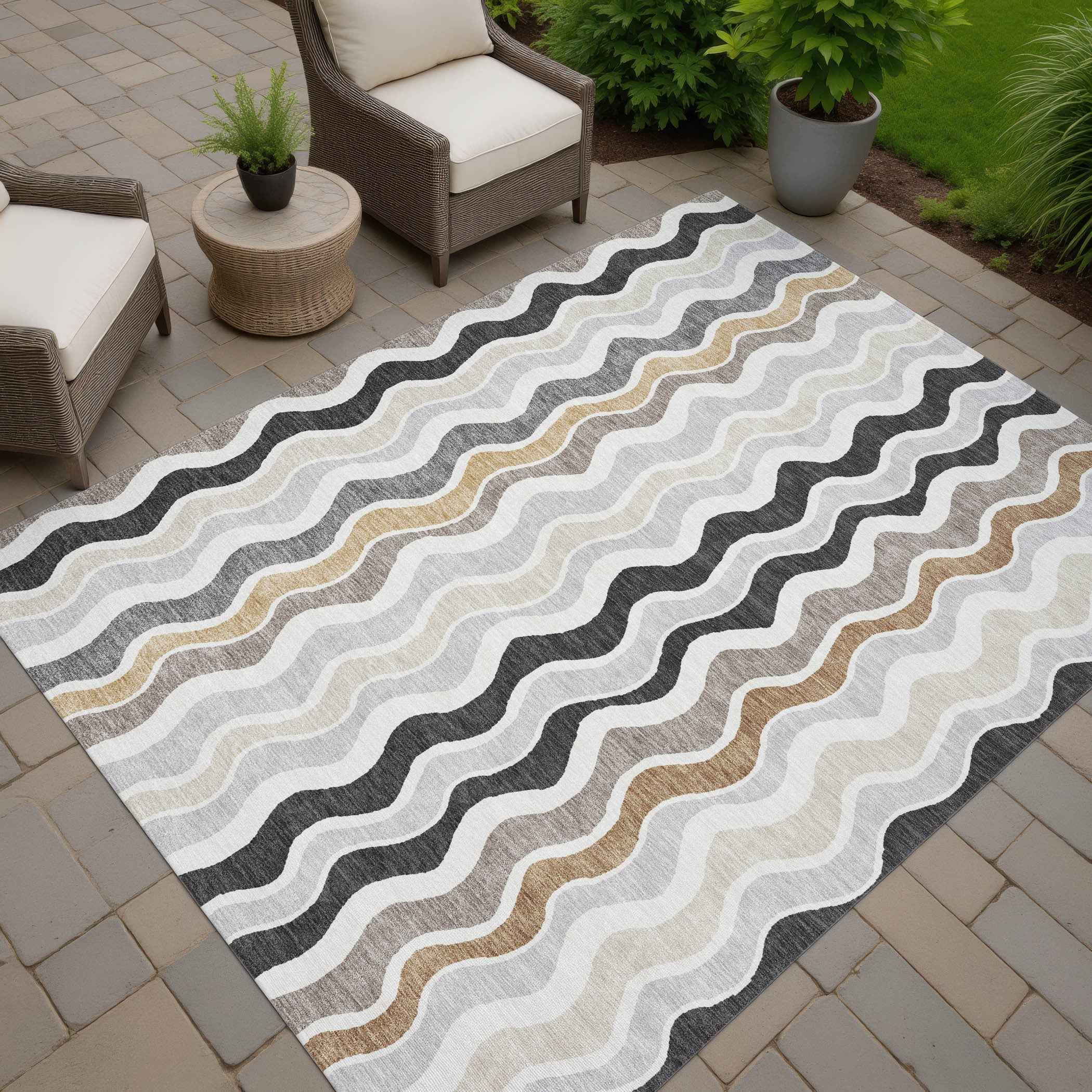 3' X 5' Charcoal Ivory And Gray Striped Washable Indoor Outdoor Area Rug
