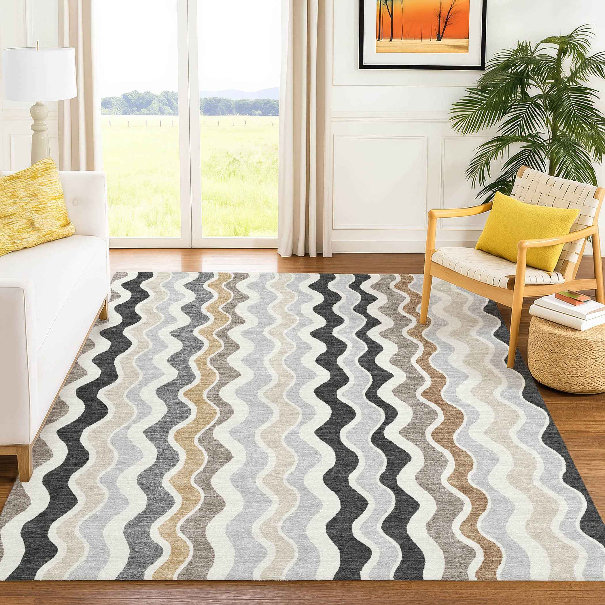 3' X 5' Charcoal Ivory And Gray Striped Washable Indoor Outdoor Area Rug
