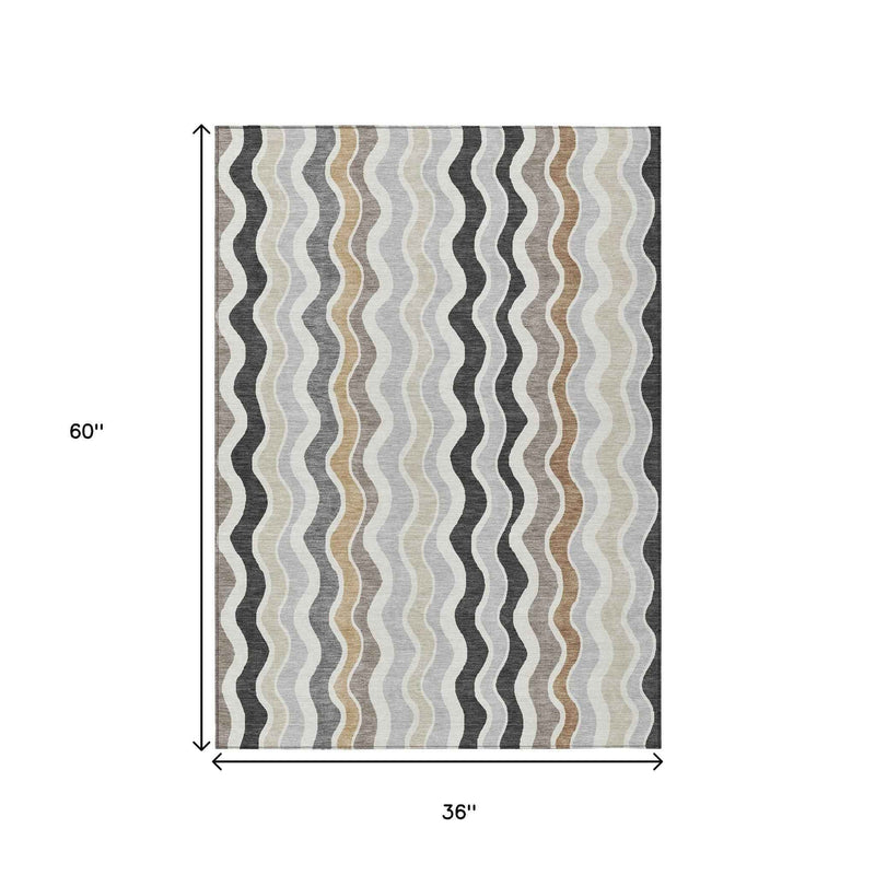 3' X 5' Charcoal Ivory And Gray Striped Washable Indoor Outdoor Area Rug