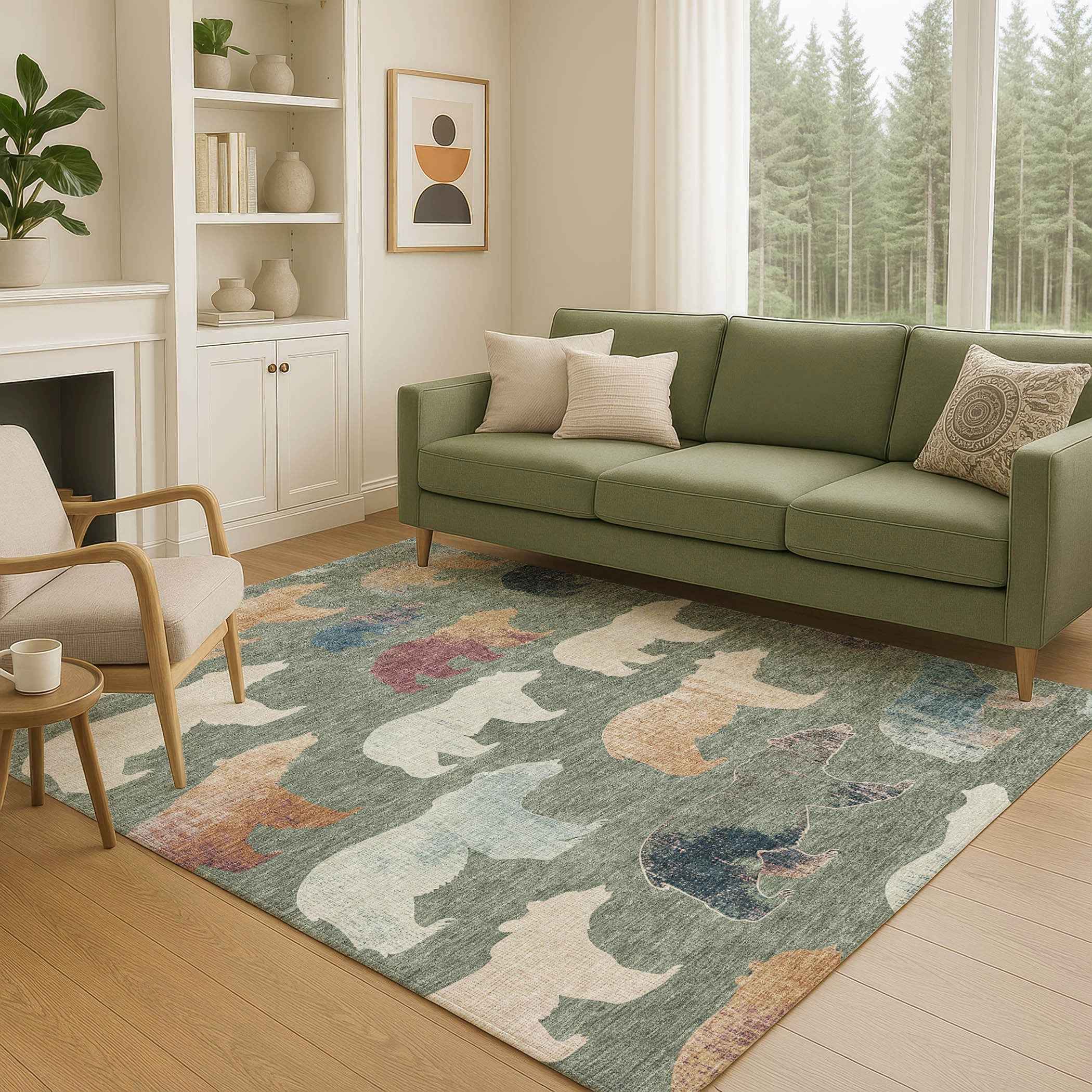 5' X 8' Green Ivory And Copper Animal Print Washable Indoor Outdoor Area Rug