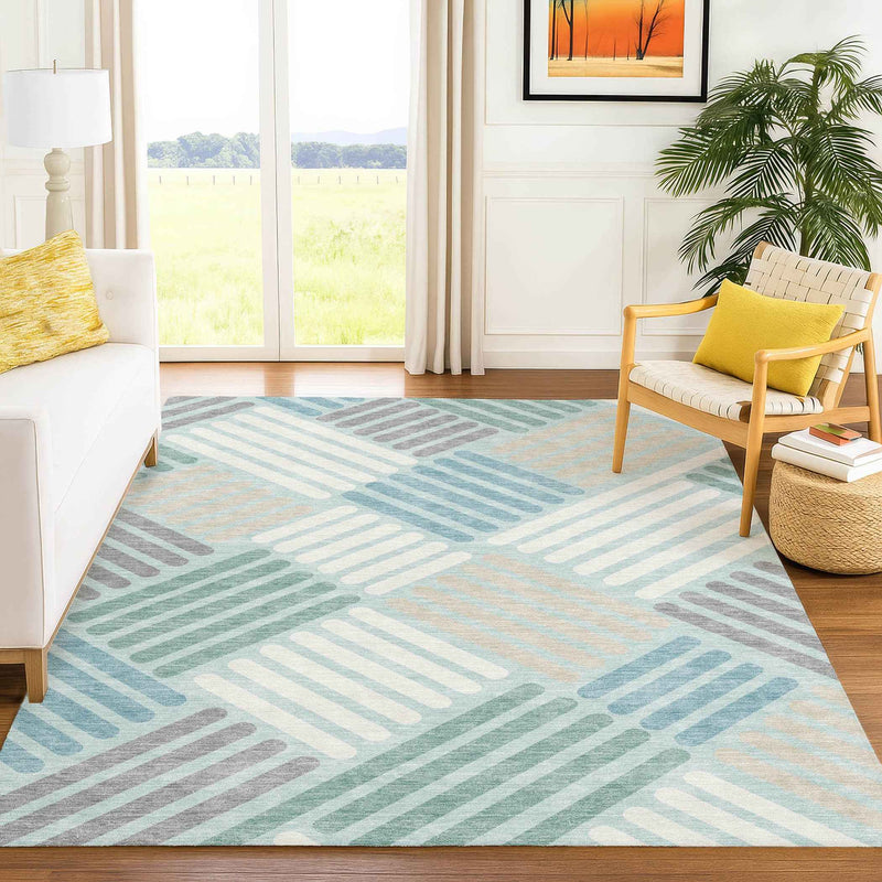 8' X 10' Pale Aqua Wheat And Ivory Geometric Washable Indoor Outdoor Area Rug