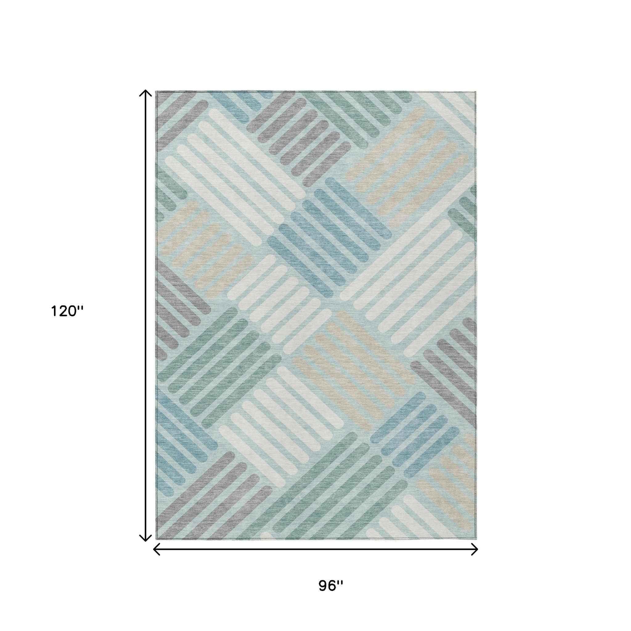 8' X 10' Pale Aqua Wheat And Ivory Geometric Washable Indoor Outdoor Area Rug
