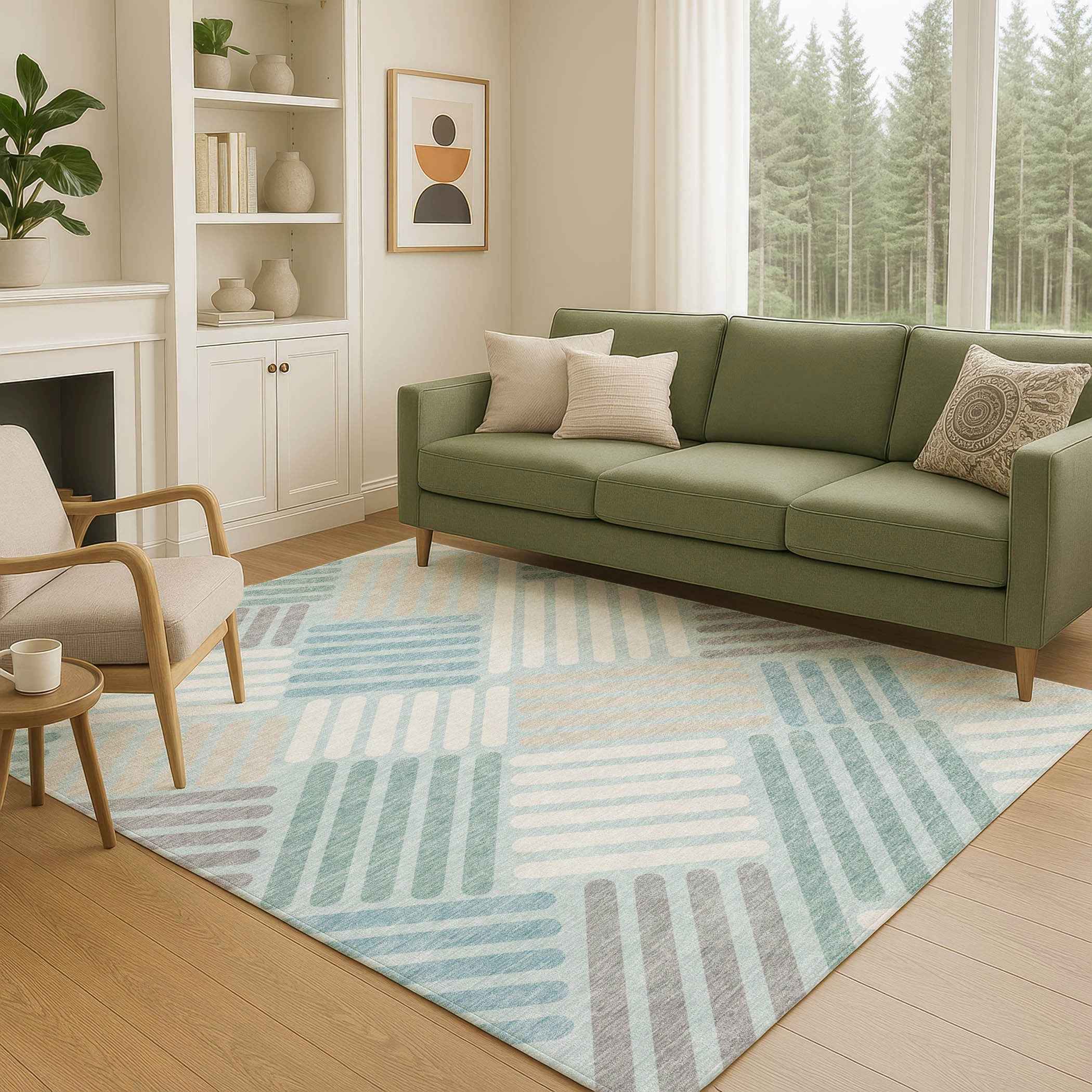 8' X 10' Pale Aqua Wheat And Ivory Geometric Washable Indoor Outdoor Area Rug