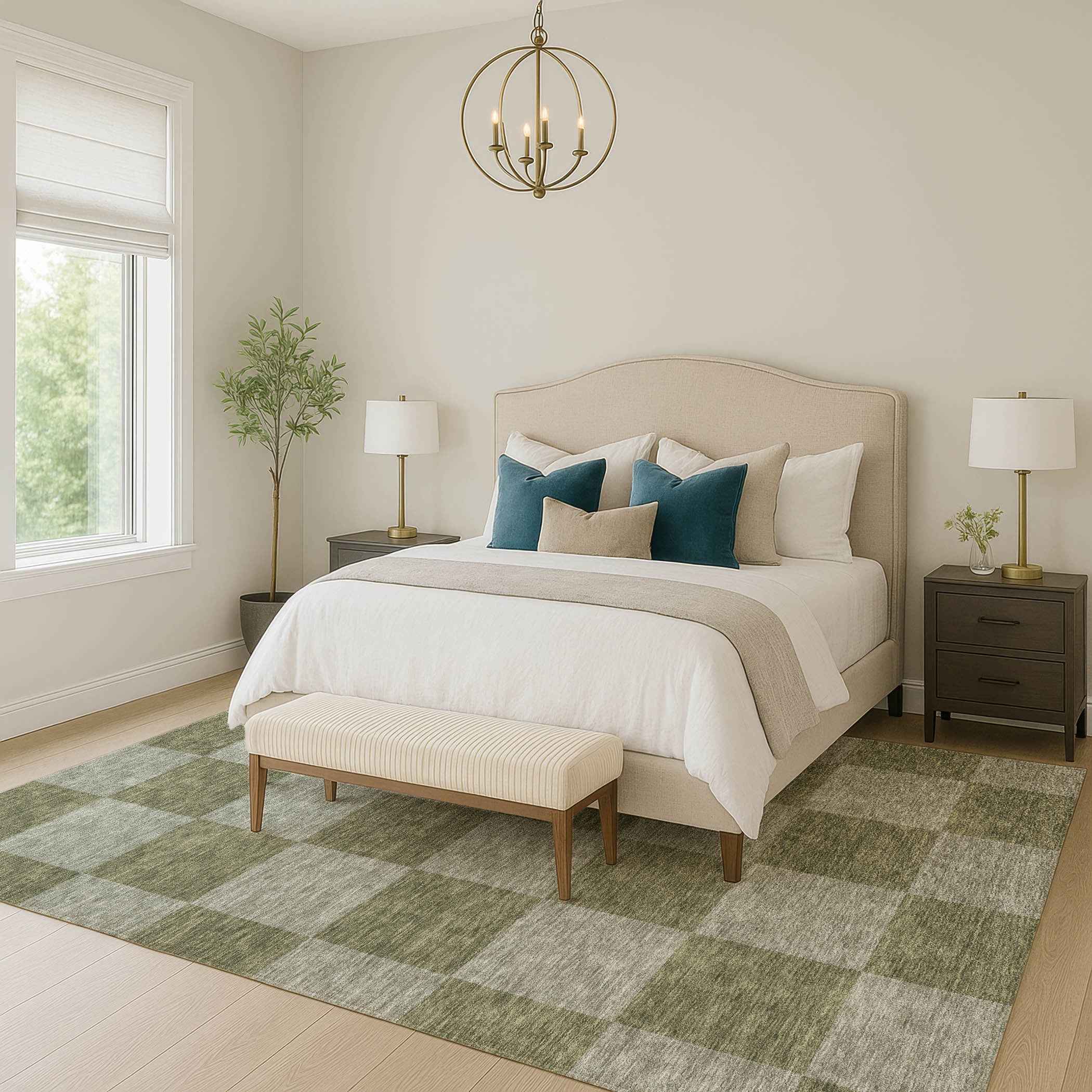 5' X 8' Olive Green And Gray Geometric Washable Indoor Outdoor Area Rug