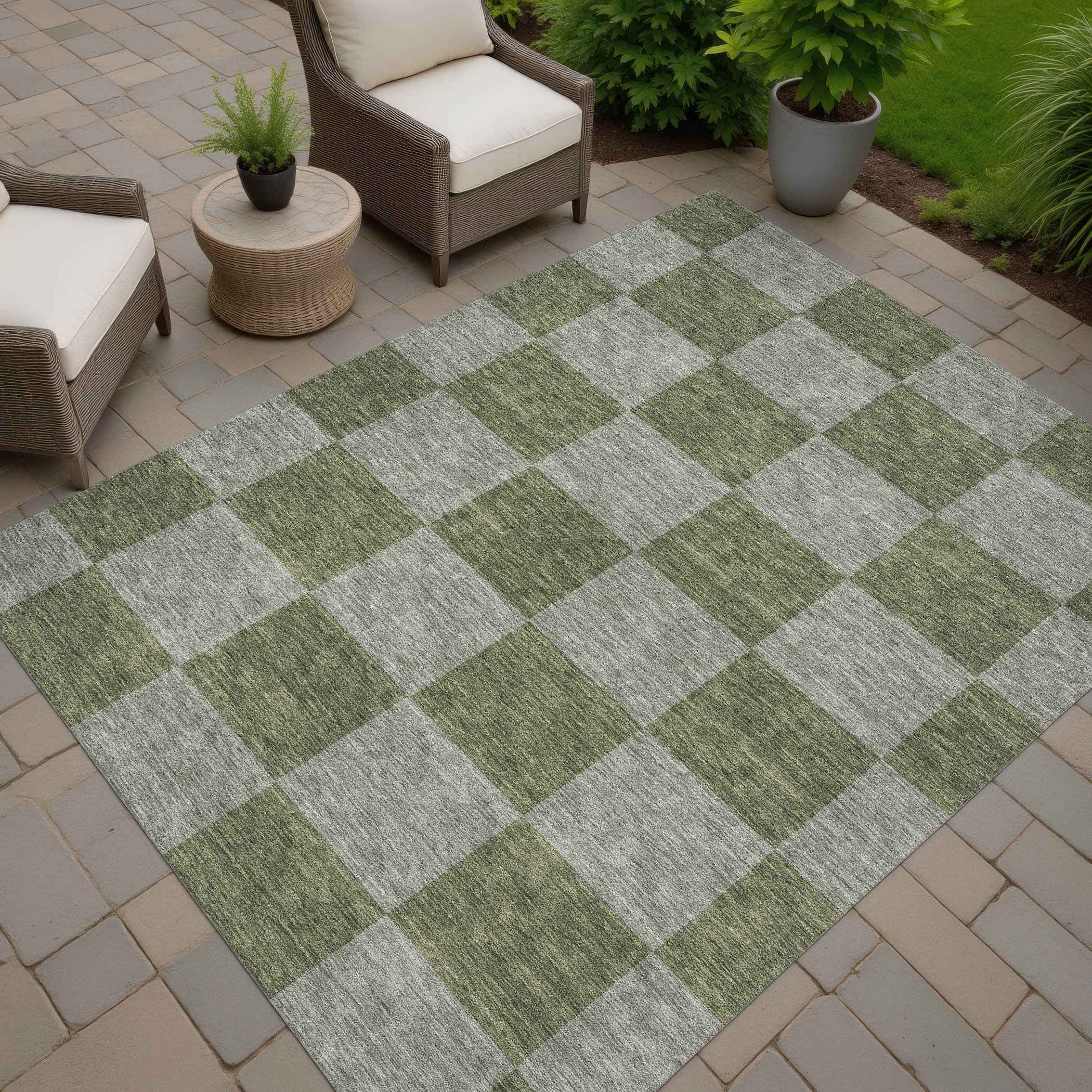 5' X 8' Olive Green And Gray Geometric Washable Indoor Outdoor Area Rug