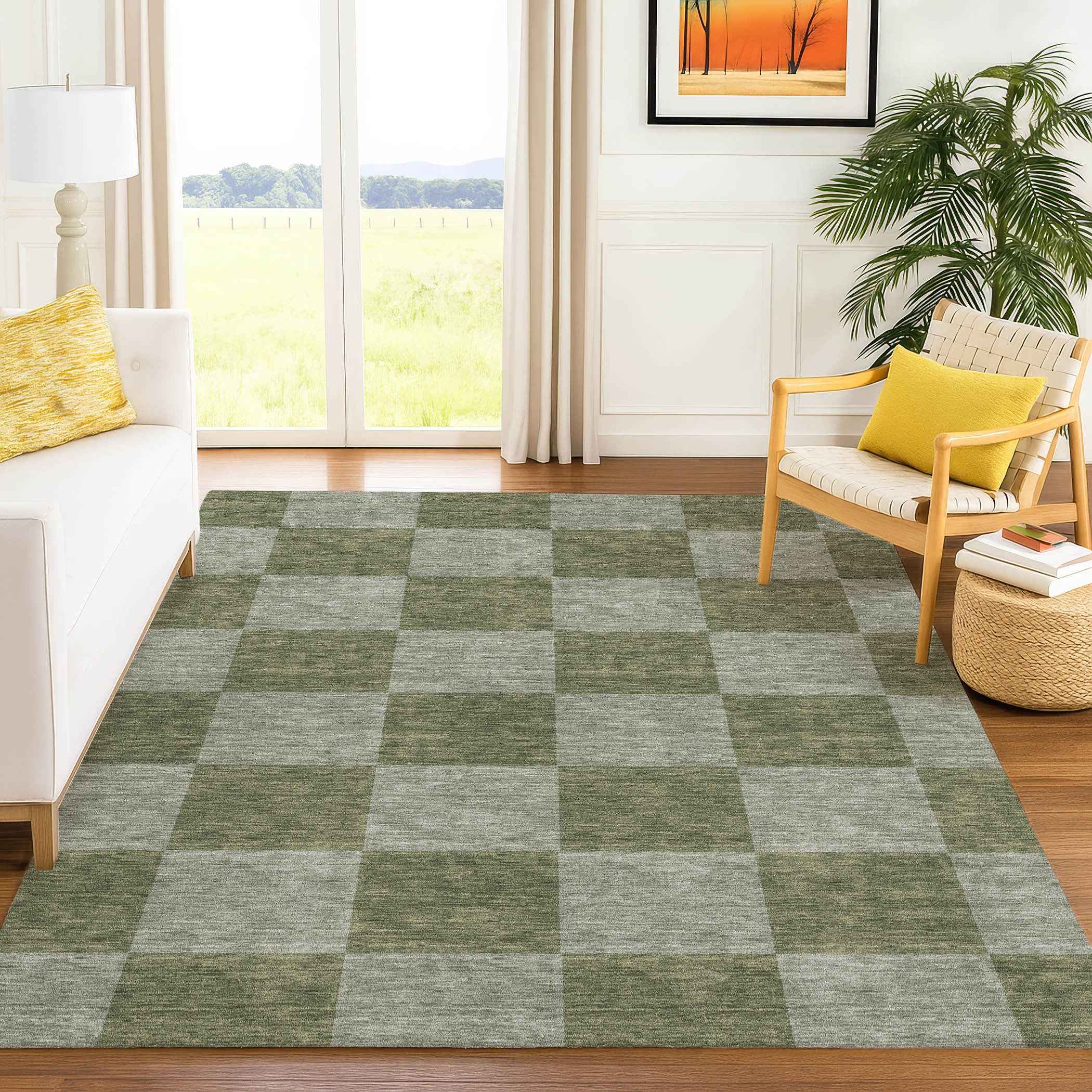 5' X 8' Olive Green And Gray Geometric Washable Indoor Outdoor Area Rug