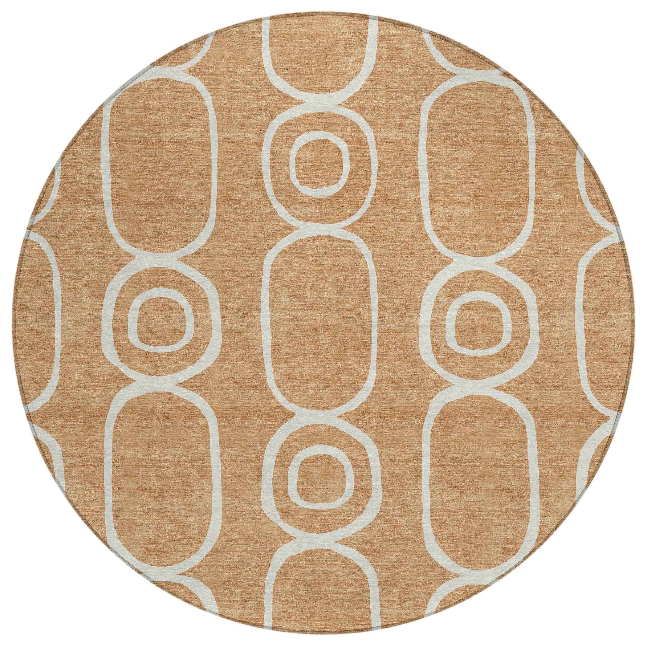 8' Rust And Ivory Round Geometric Washable Indoor Outdoor Area Rug