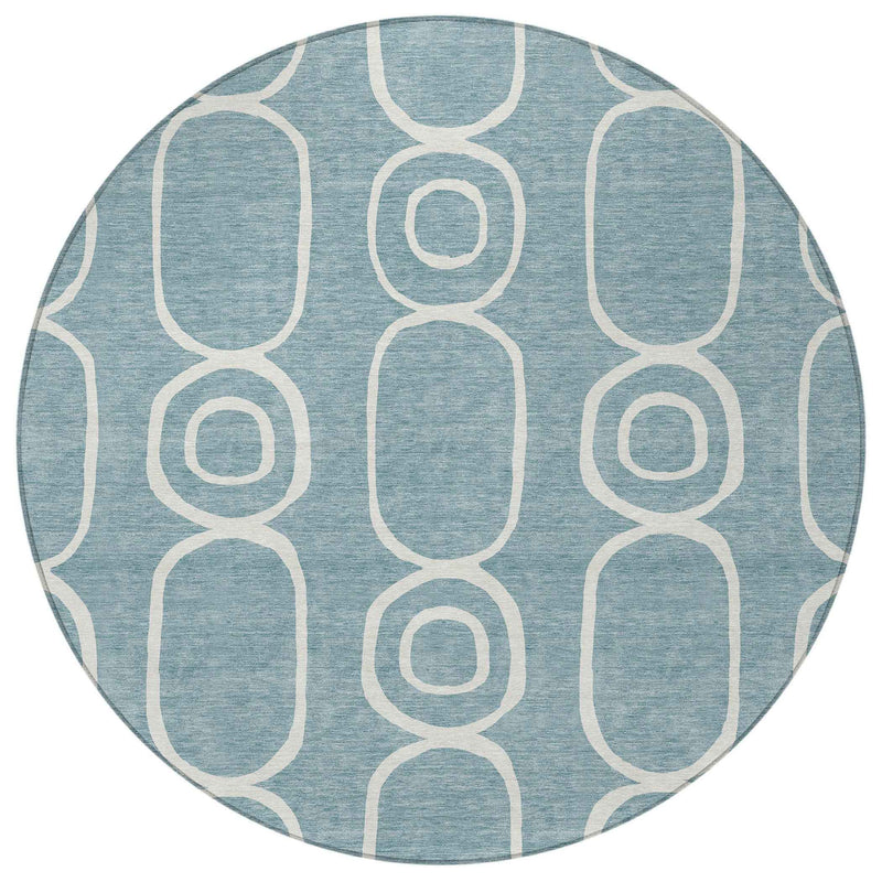 8' Aqua And Ivory Round Geometric Washable Indoor Outdoor Area Rug