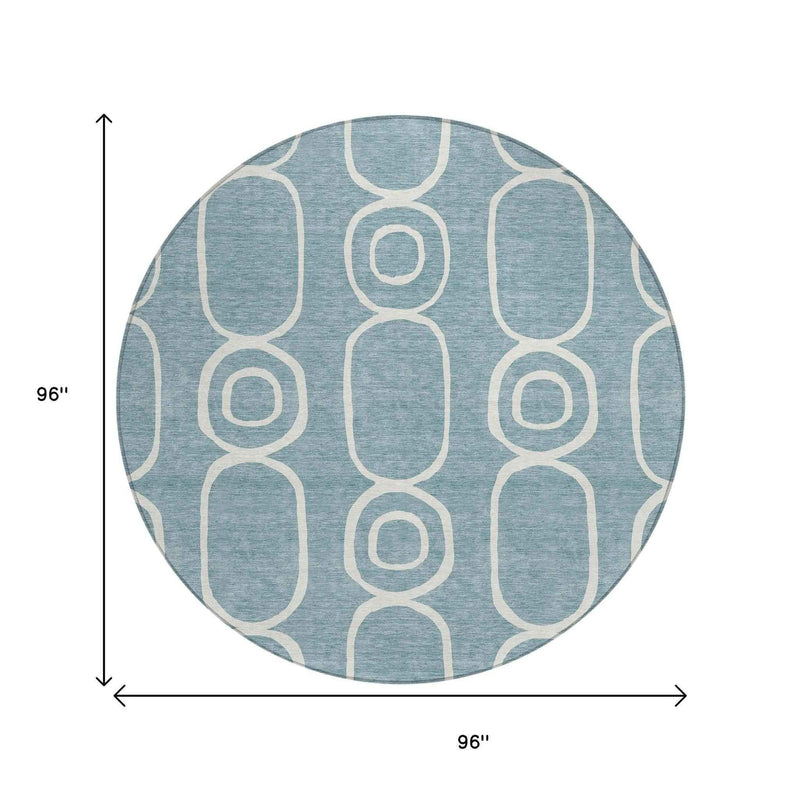 8' Aqua And Ivory Round Geometric Washable Indoor Outdoor Area Rug