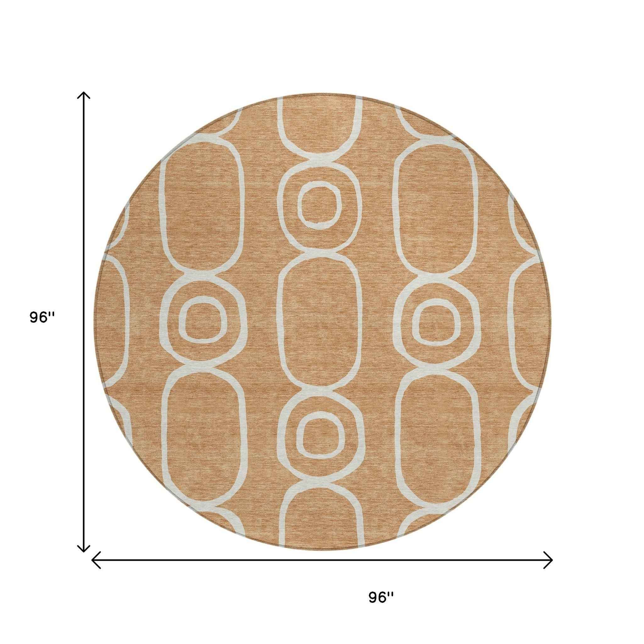 8' Rust And Ivory Round Geometric Washable Indoor Outdoor Area Rug