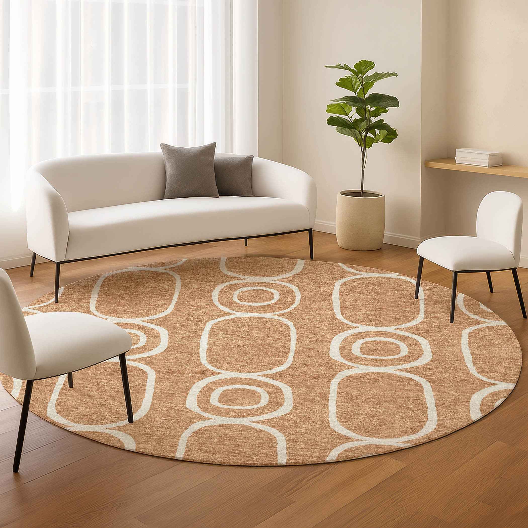 8' Rust And Ivory Round Geometric Washable Indoor Outdoor Area Rug