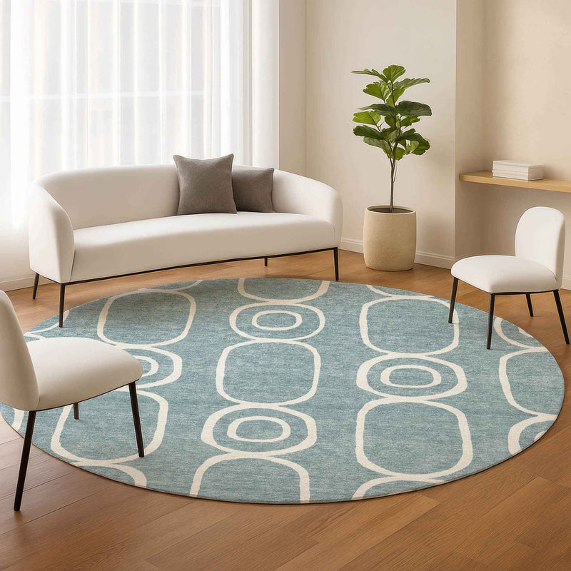 8' Aqua And Ivory Round Geometric Washable Indoor Outdoor Area Rug