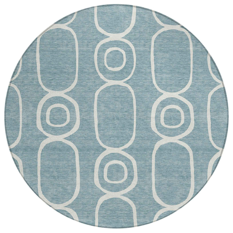 8' Aqua And Ivory Round Geometric Washable Indoor Outdoor Area Rug