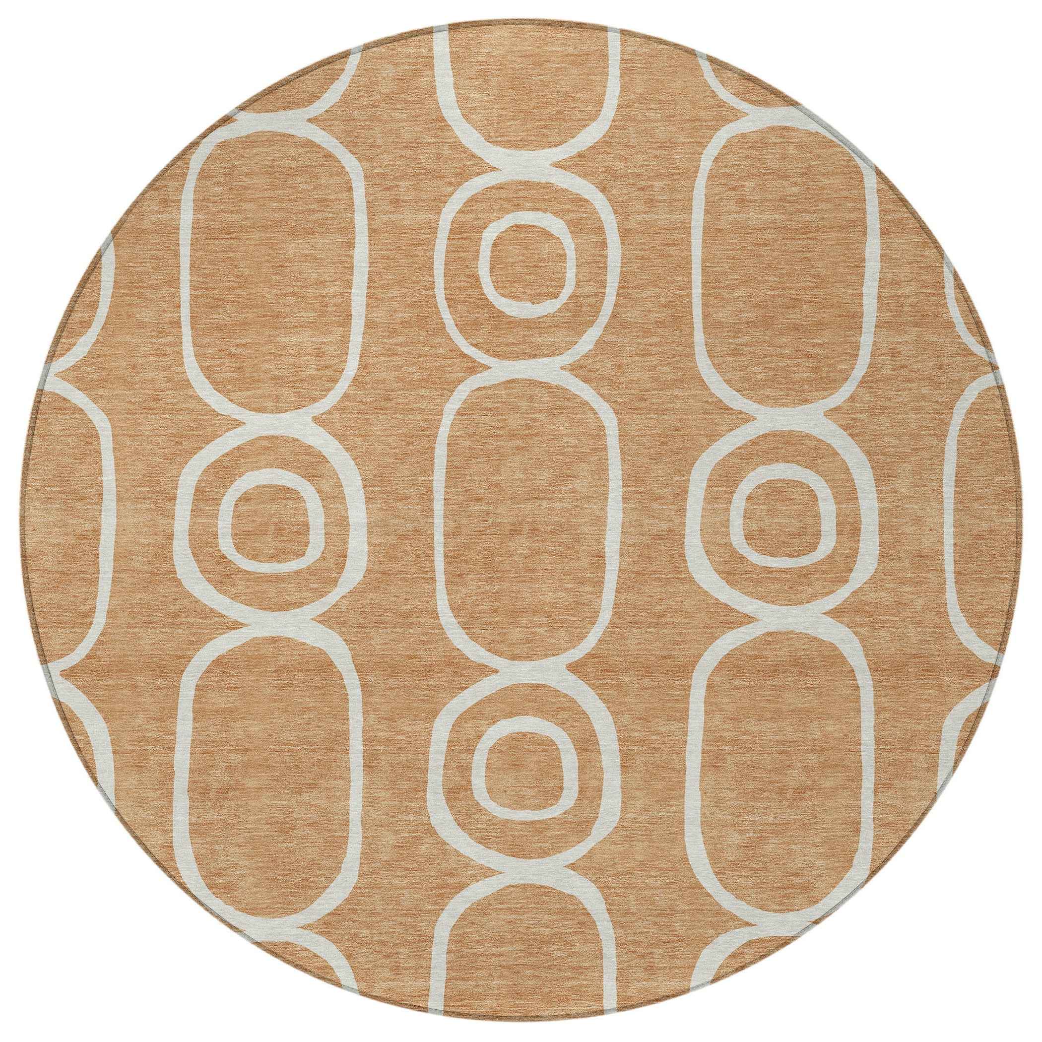 8' Rust And Ivory Round Geometric Washable Indoor Outdoor Area Rug