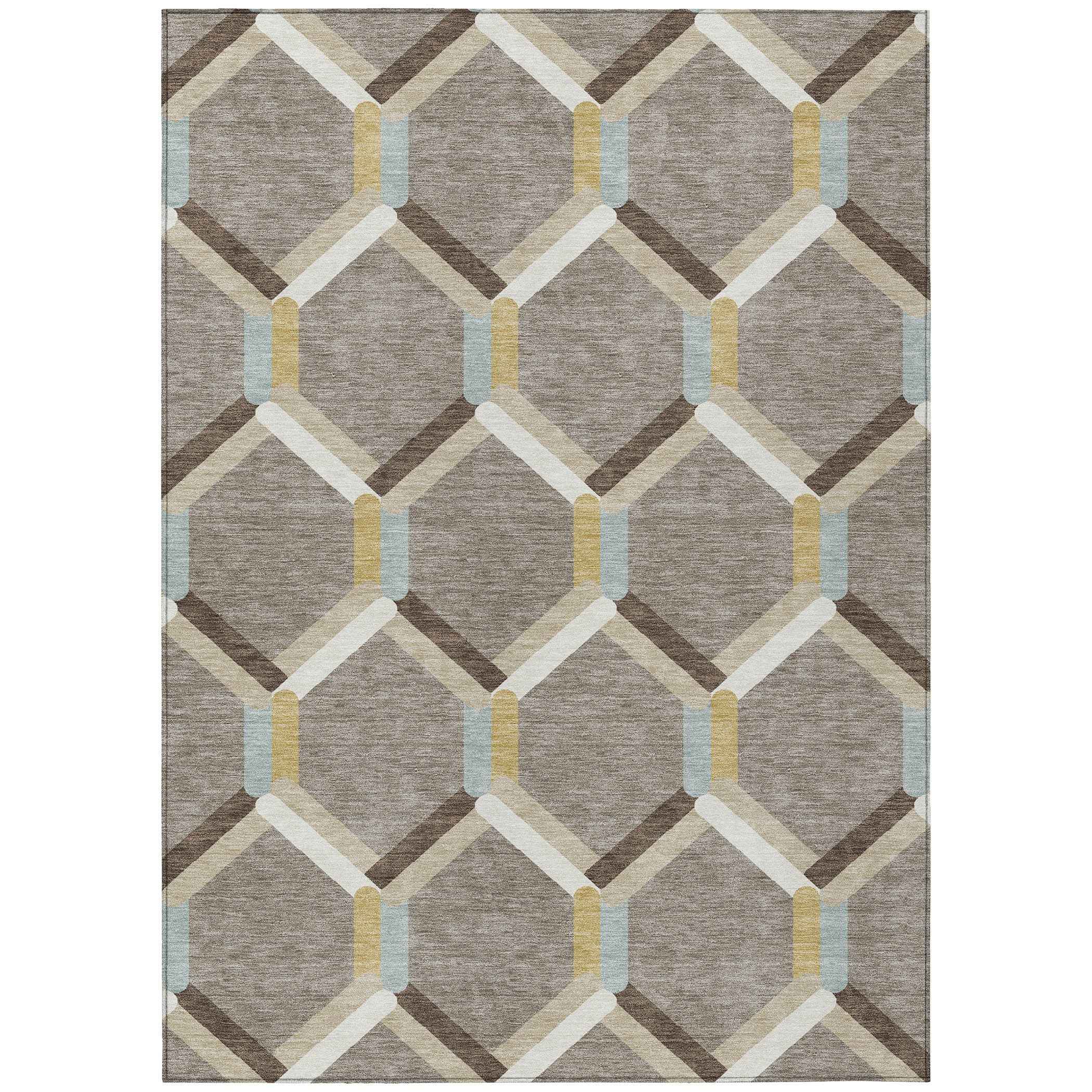 9' X 12' Brown Ivory And Beige Geometric Washable Indoor Outdoor Area Rug