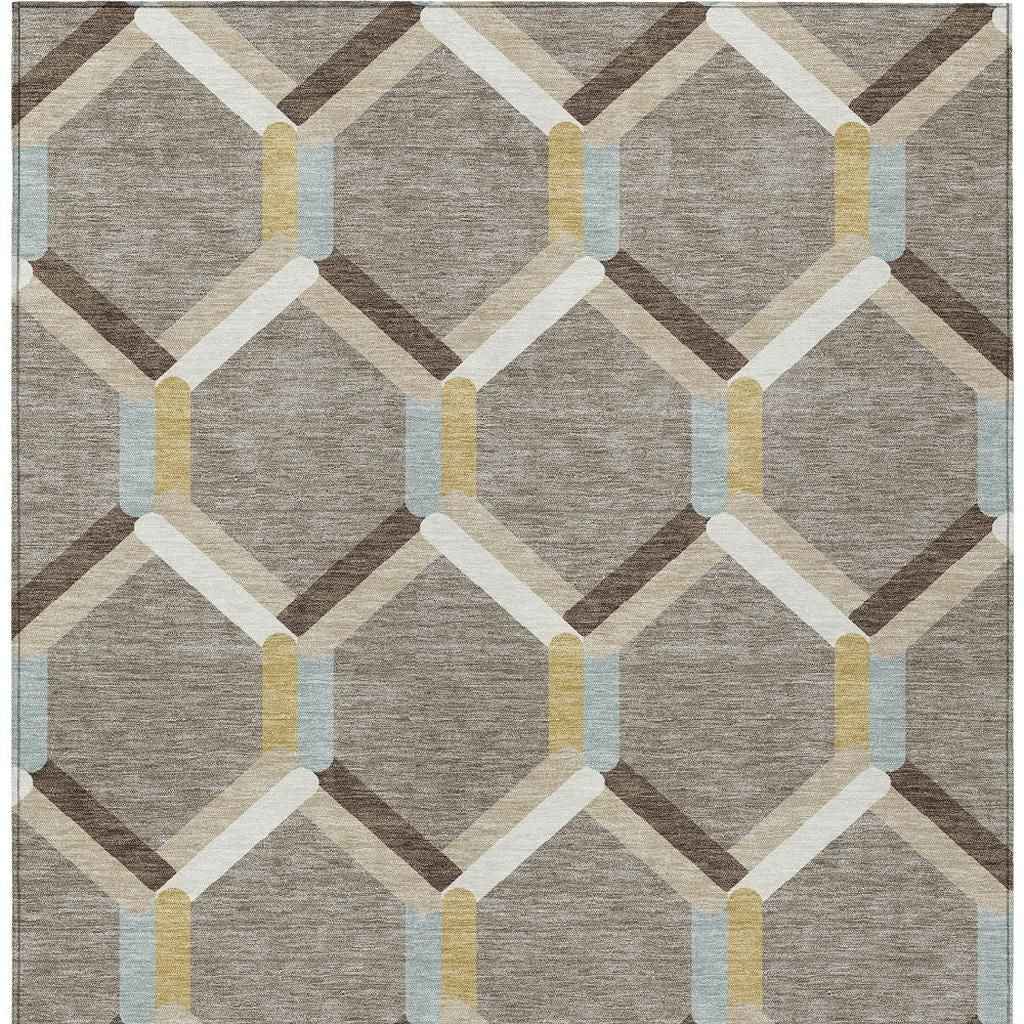 9' X 12' Brown Ivory And Beige Geometric Washable Indoor Outdoor Area Rug