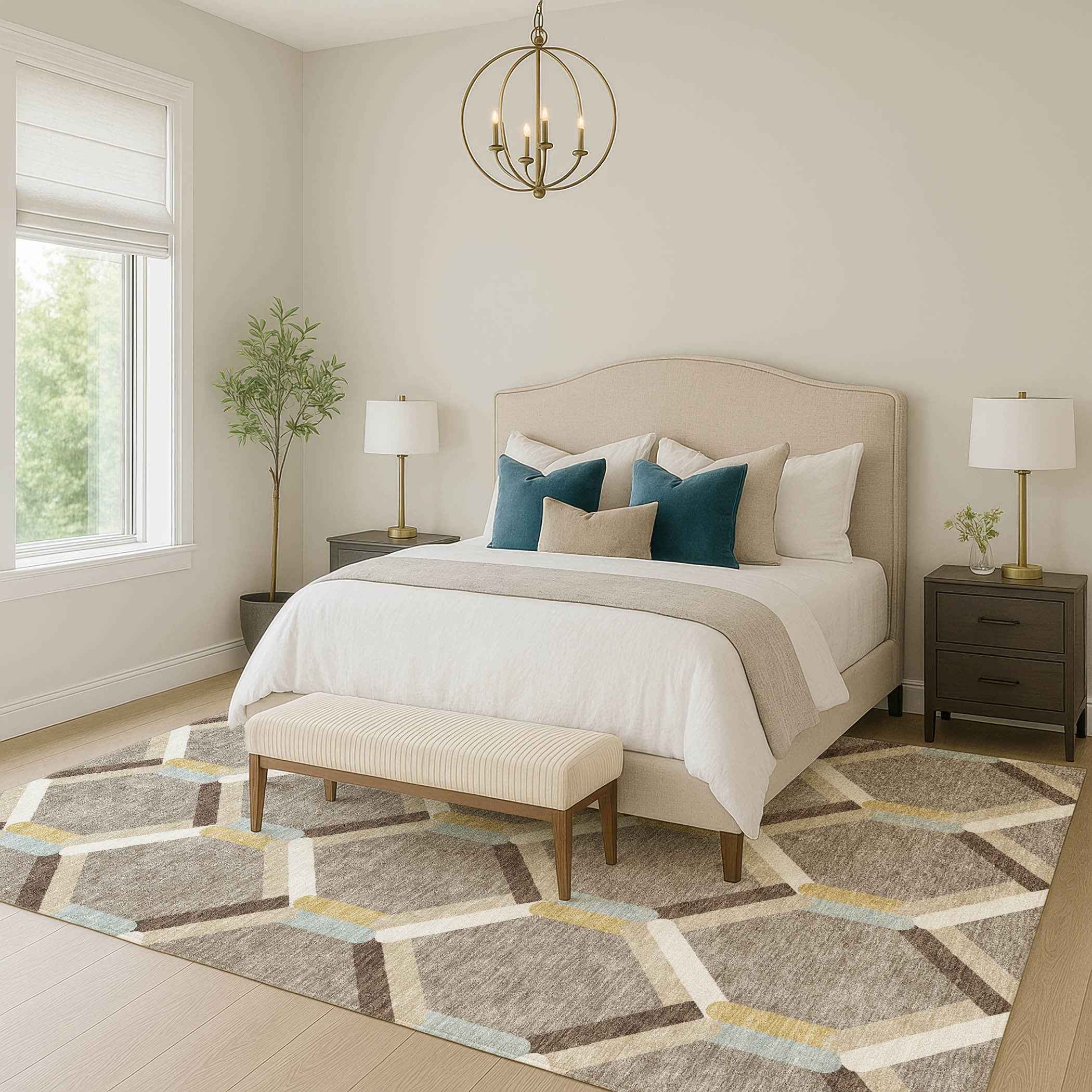 9' X 12' Brown Ivory And Beige Geometric Washable Indoor Outdoor Area Rug